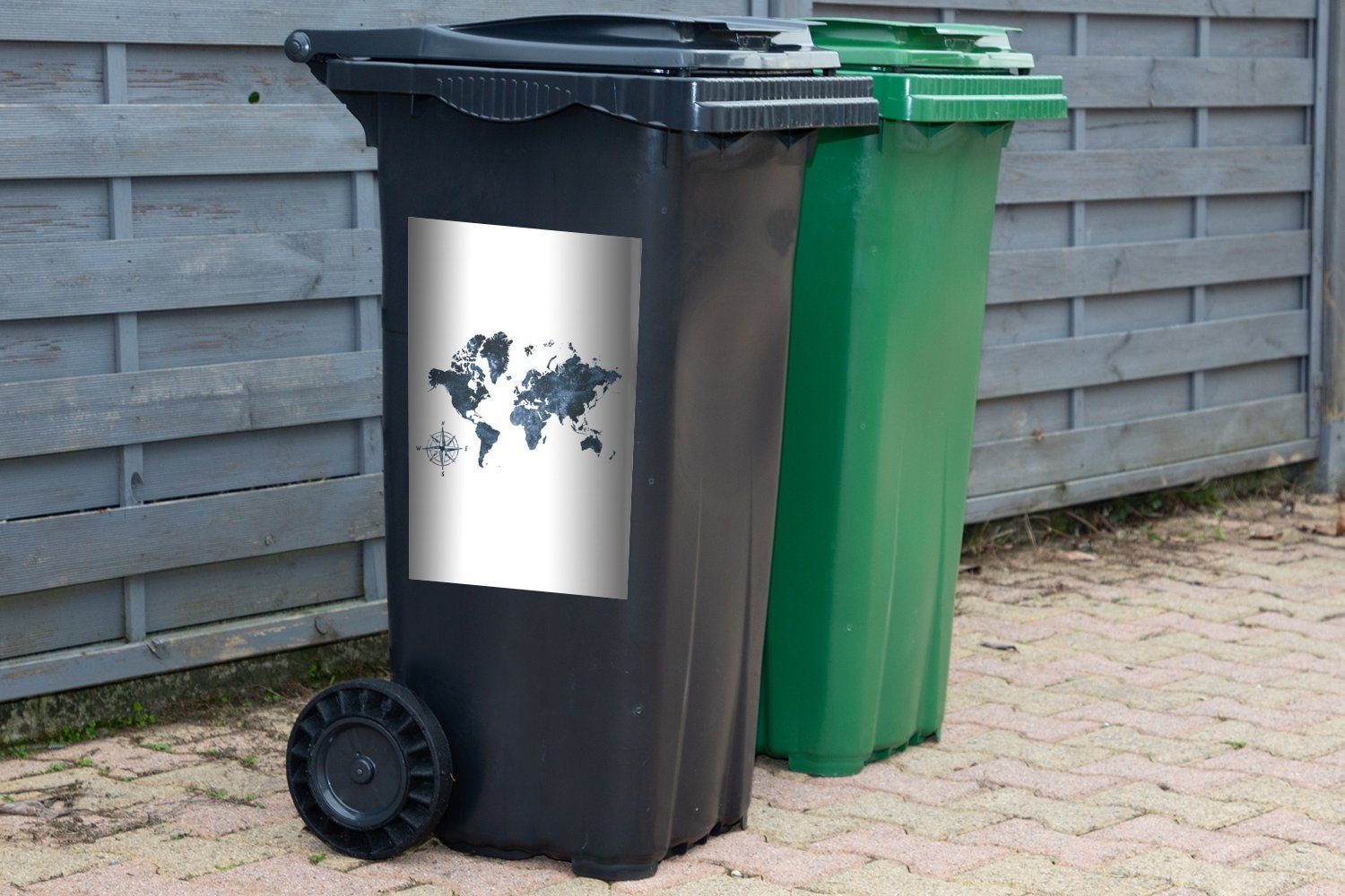 MuchoWow Wandsticker Weltkarte - Sticker, St), (1 Mülltonne, - Kompass Abfalbehälter Container, Mülleimer-aufkleber, Glitzer