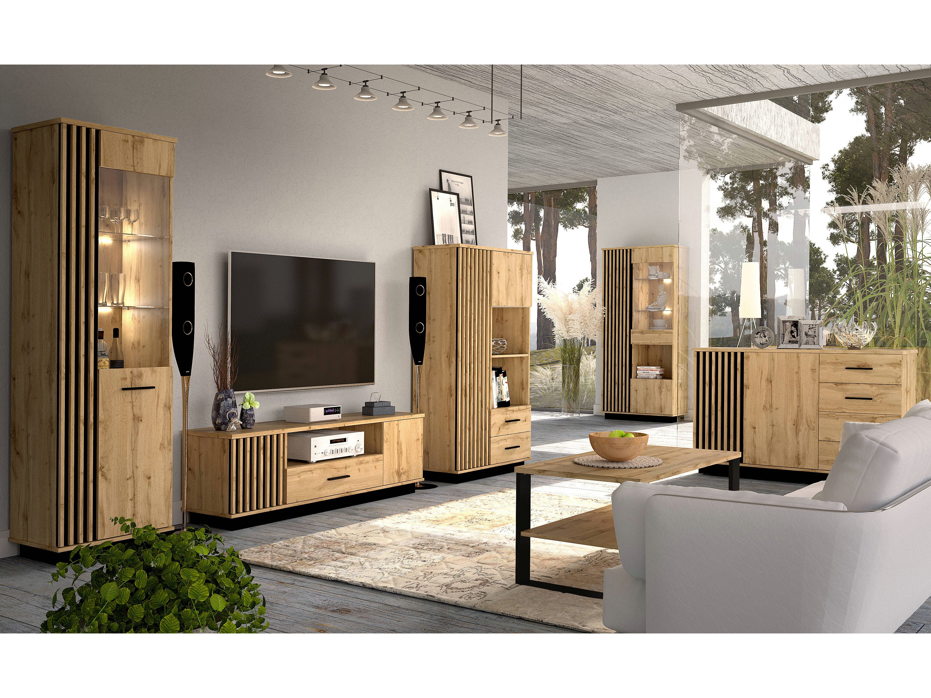 Beautysofa Kommode Lamelo mit 4 Schubladen und 3 Türen (Lamellenfront, Eiche Wotan/Schwarz, modernes Loft-Design), mit dekorativen Lamellen, geräumig – Bild 3 von 5
