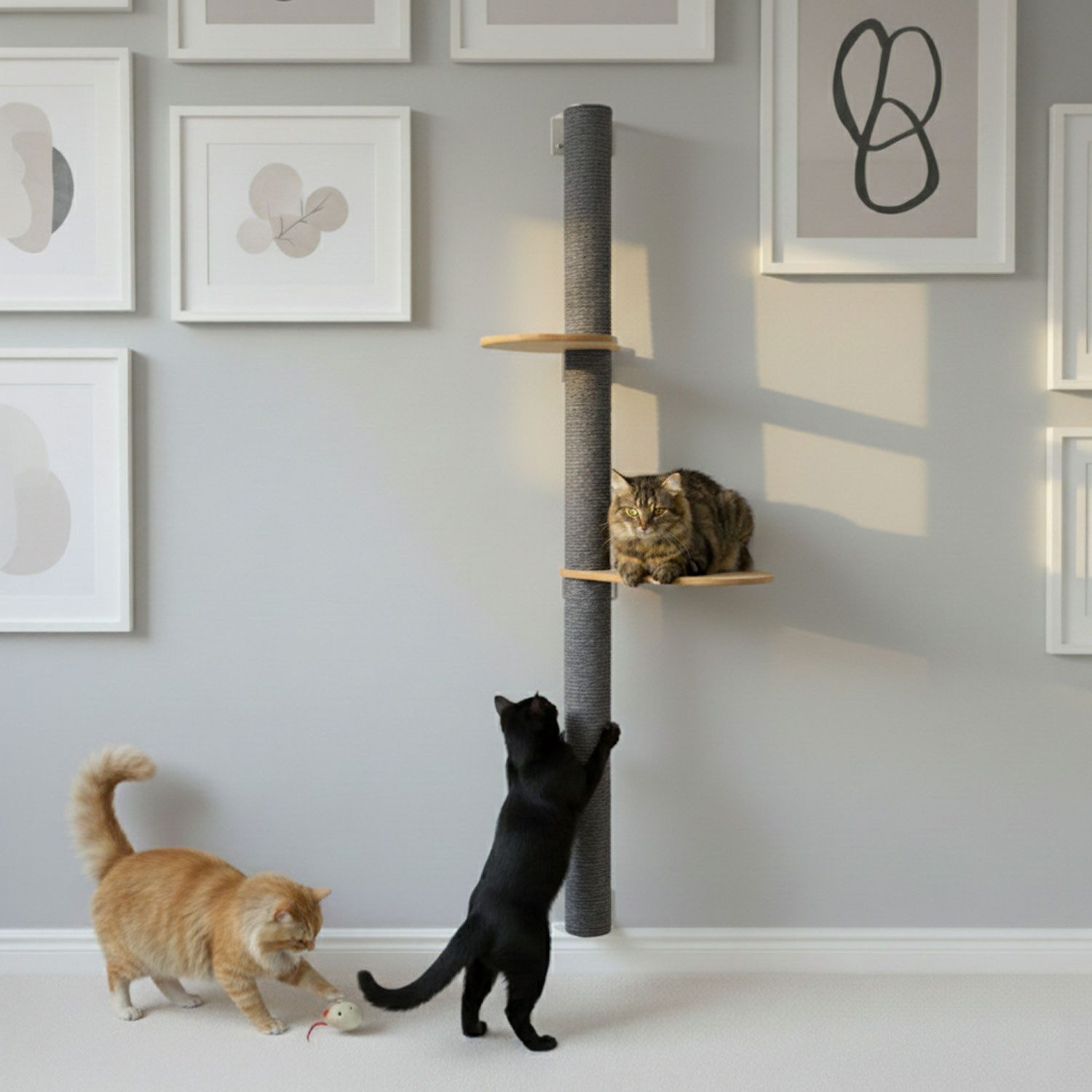 eyepower Kratzbaum zur Wandmontage - 132cm Wandkratzbaum für Katzen mit 2 Bambus Plateaus, Sisalstamm Wand - Katzenkratzbaum platzsparend - Kletterwand Katze