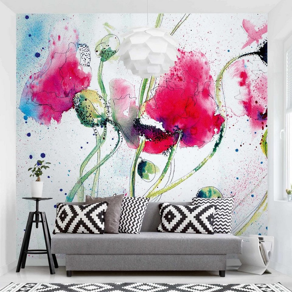 Bilderdepot24 Fototapete Mohnblumen Painted Poppies Floral Blumen Natur  Wanddeko, Glatt, Matt, (Vliestapete inkl. Kleister oder selbstklebend),  Wohnzimmer Schlafzimmer Küche Flur Motivtapete Vliestapete Wandtapete