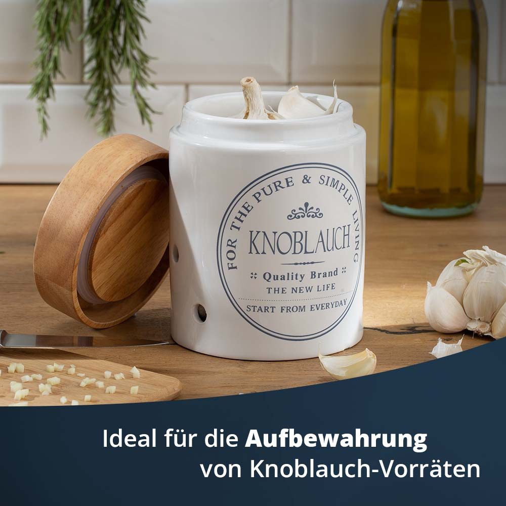 KHG Vorratsdose für Knoblauch aus Steinzeug mit Akazienholzdeckel und Belüftung, Steingut, Belüftete Aufbewahrungsdose für Knoblauch – stilvoll & langlebig – Bild 2 von 4