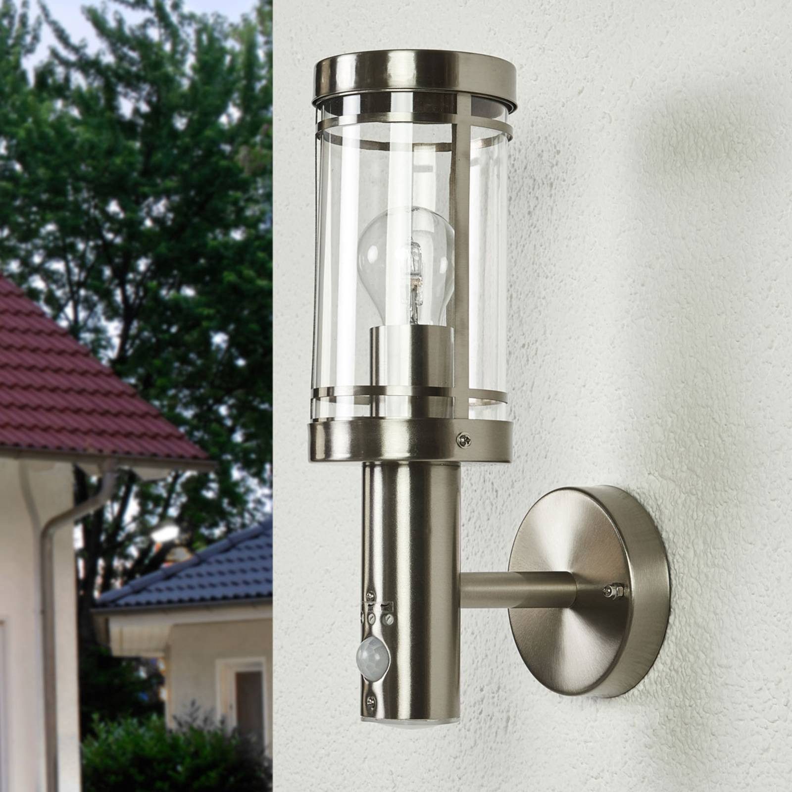 Lindby Außen-Wandleuchte Djori, Edelstahl Alu IP44mit Bewegungsmelder, 1 x 15 W LED