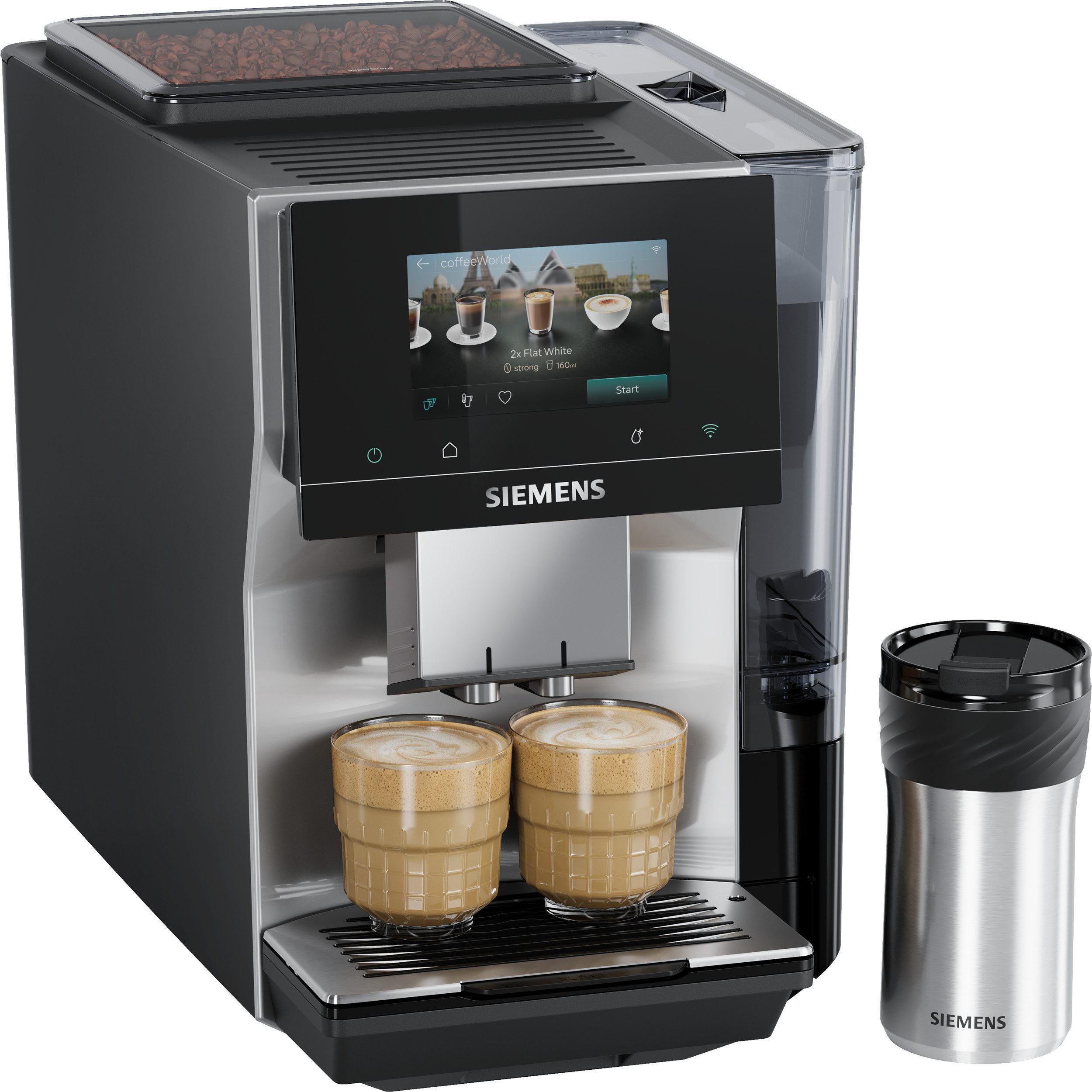 SIEMENS Kaffeevollautomat EQ700 TP725ET7, inkl. Thermo-Kaffeebecher, XL-Getränke, 20 Favoriten, farbiges Full-Touch-Display, Doppeltassenfunktion, sehr leise, silber