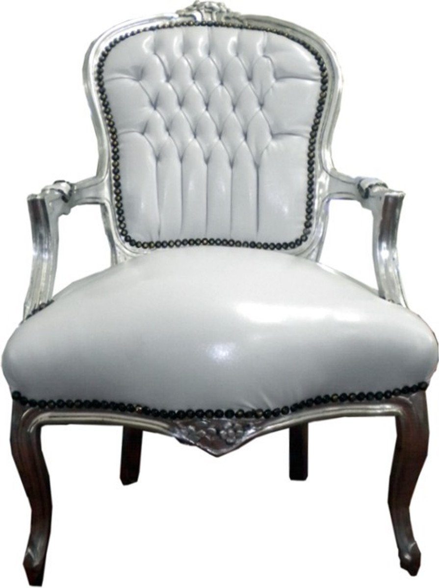 Casa Padrino Besucherstuhl Barock Salon Lederoptik Antik / Stuhl - Silber Weiß Möbel Stil