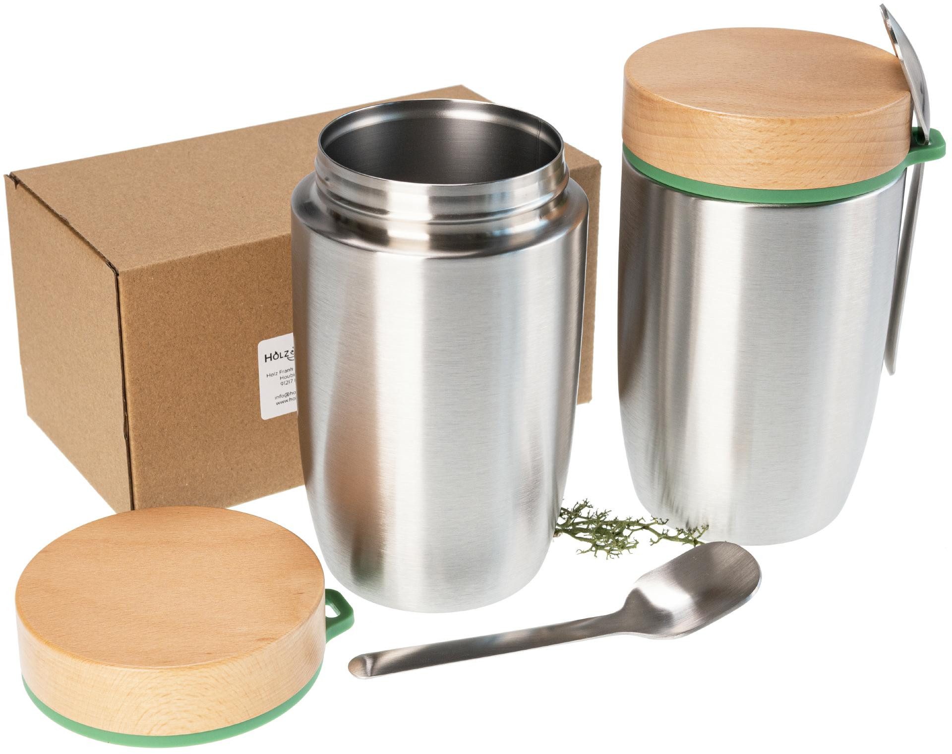 Holz Frank Lunchbox Edelstahl Lunchbox isoliert 0,5 l mit FSC® Holzdeckel und Löffel, Edelstahl, Premium 316 Edelstahl