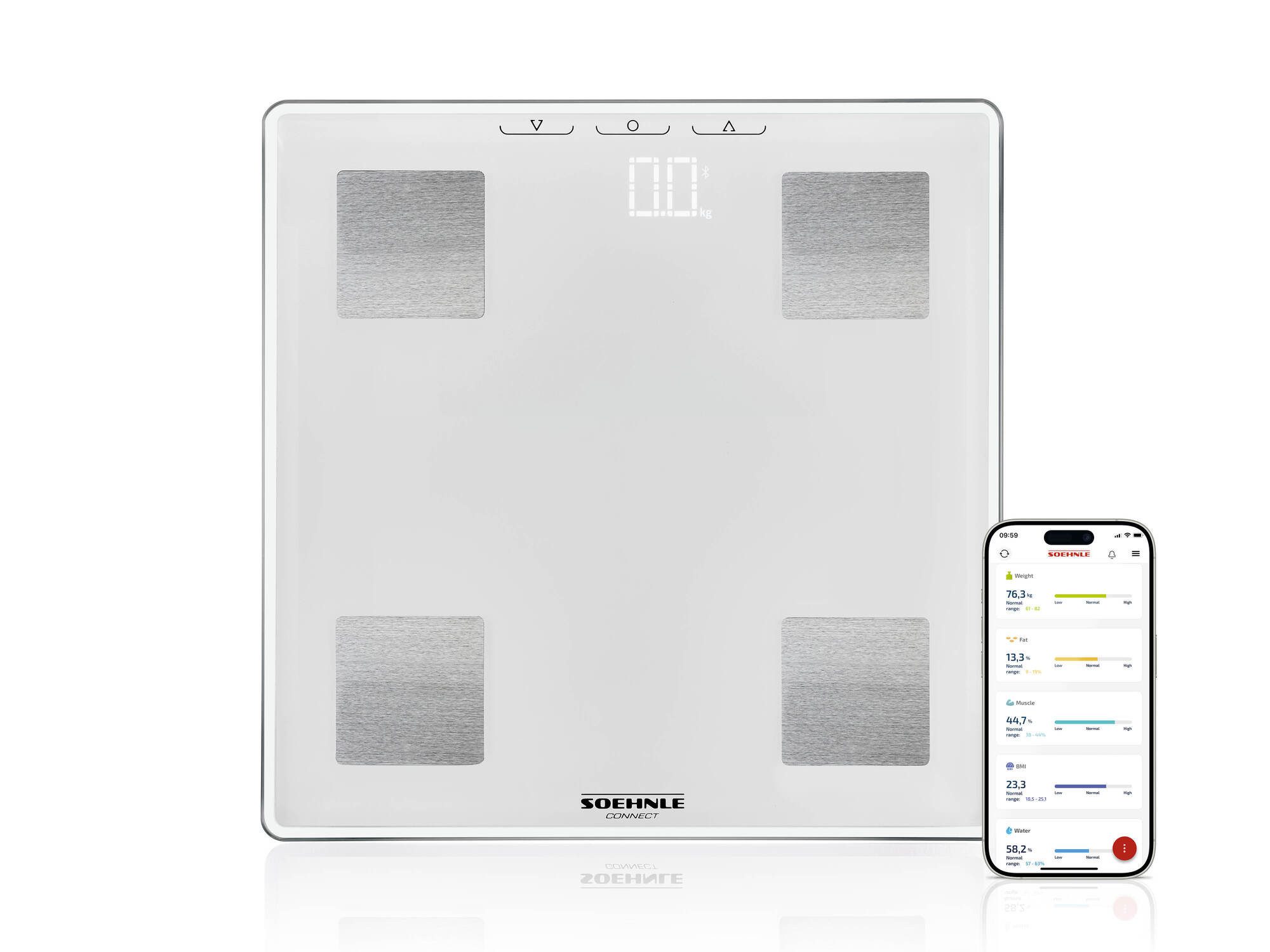 Soehnle Personenwaage Körperanalysewaage Shape Sense Connect Lite, 1-tlg., Gewicht, Fett-, Wasser- und Muskelanteil, BMI und Kalorienbedarf