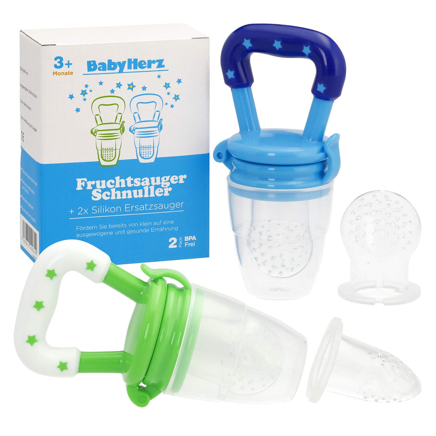 BabyHerz Schnuller Fruchtsauger Set (2er Pack) – Baby Beißring & Schnuller – BPA-frei, BPA-frei & doppelt praktisch – 2 Fruchtsauger + Silikonaufsätze