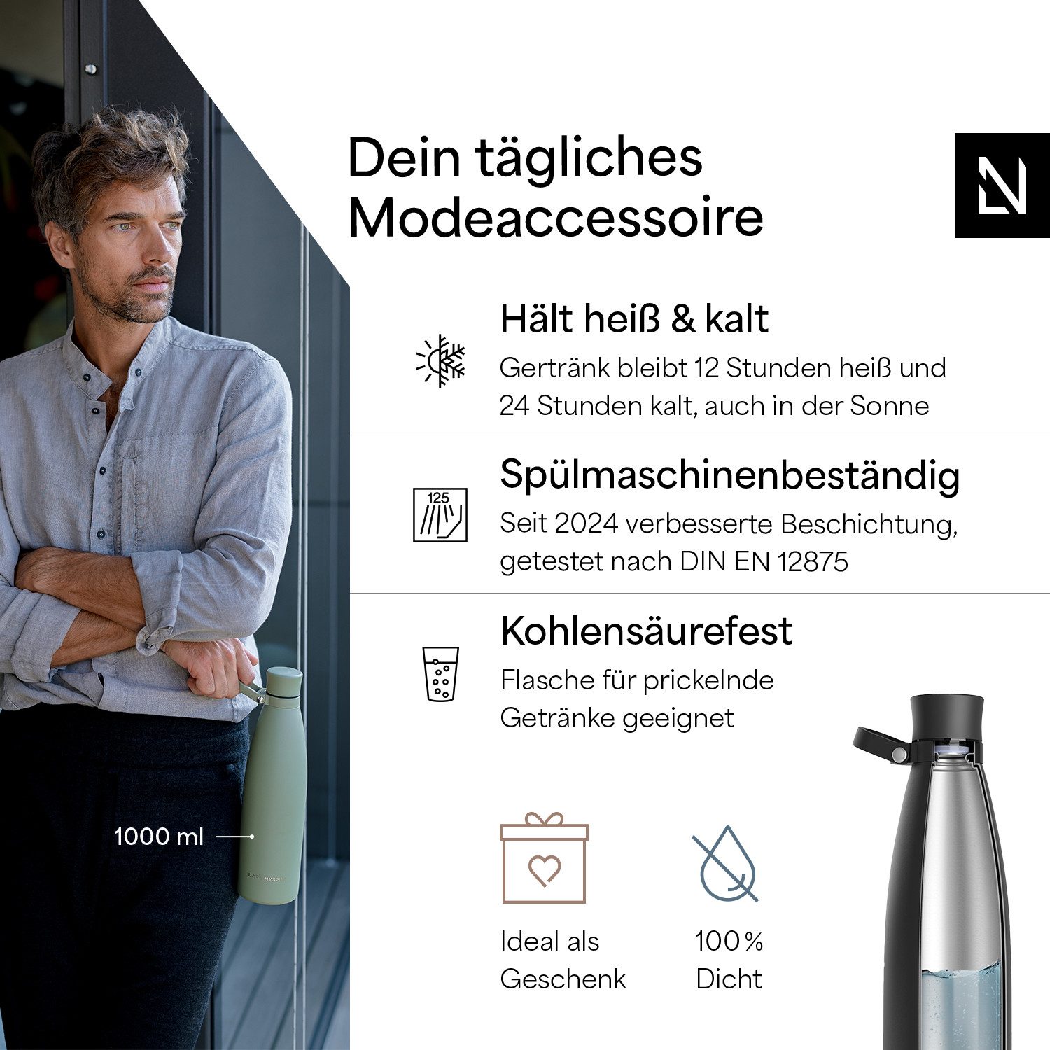 LARS NYSØM Thermoflasche Nåde, Vakuum Isolierung & Trageschlaufe: 12h heiß / 24h kühl