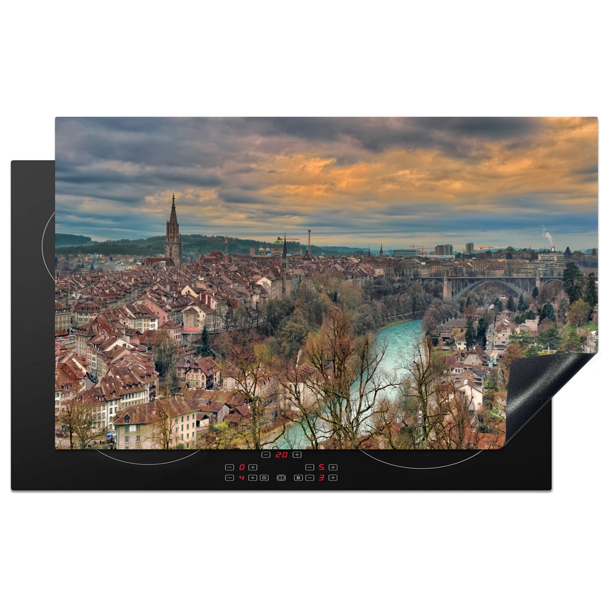 MuchoWow Herdblende-/Abdeckplatte Die Stadt Bern in der Schweiz aus der Vogelperspektive, Vinyl, (1 tlg), 83x51 cm, Ceranfeldabdeckung, Arbeitsplatte für küche