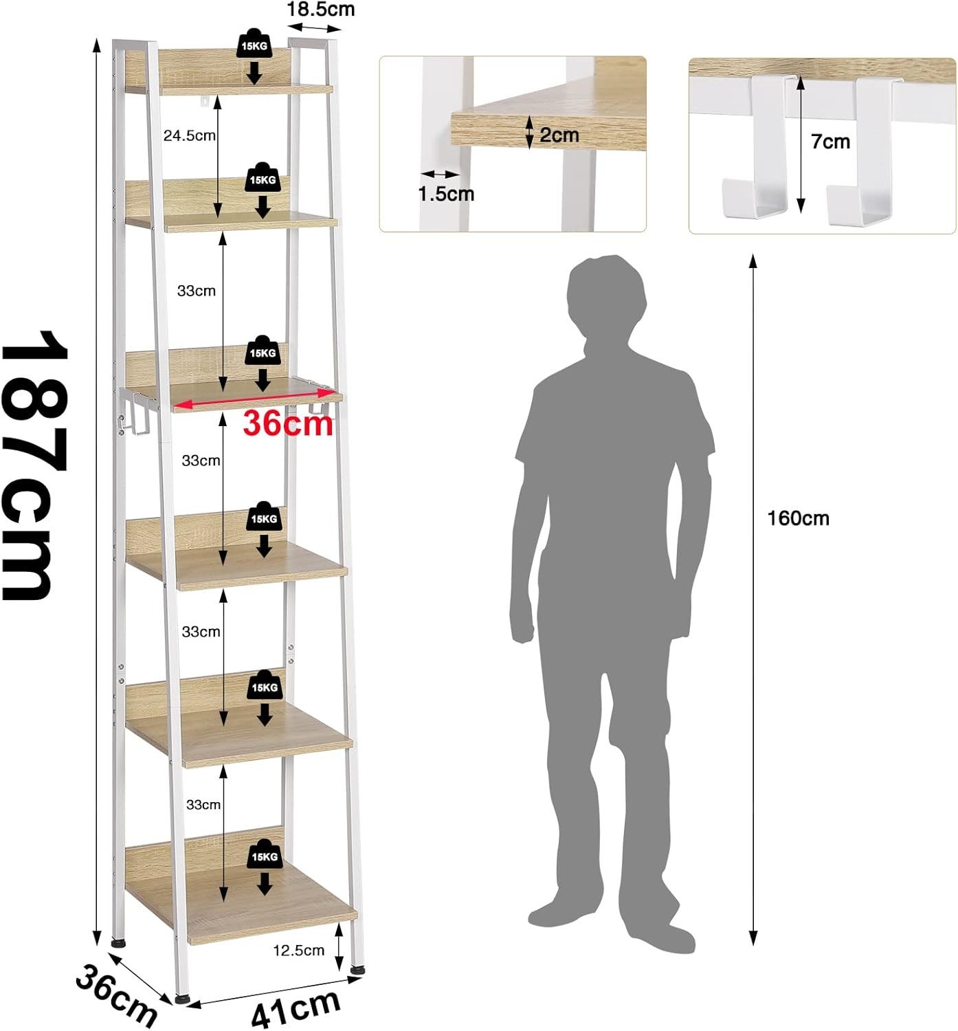 Woltu Standregal, 1-tlg., mit 6 Ebenen, mit 4 Haken, aus MDF Metall