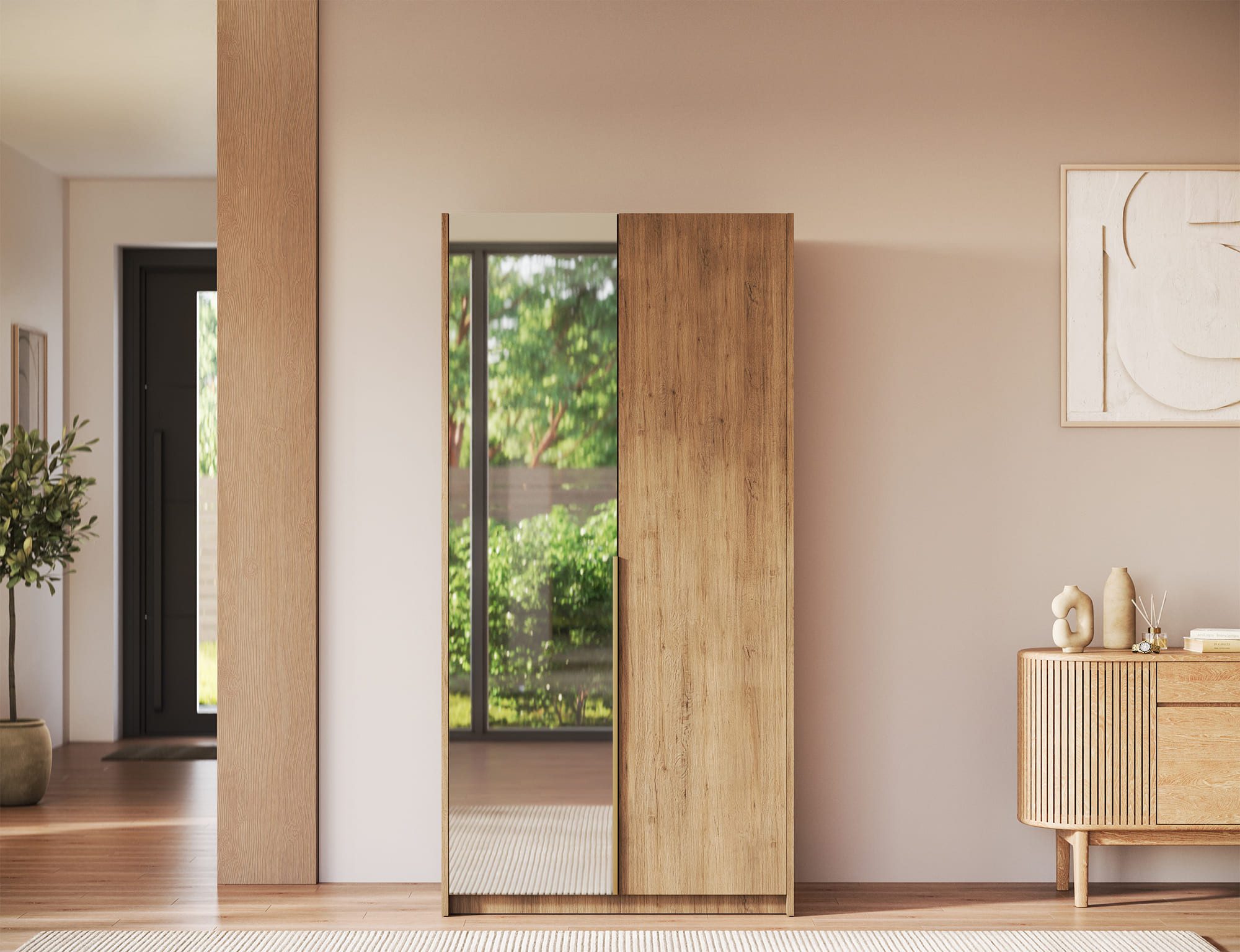 MOEBLO Drehtürenschrank Lunaro II (moderner Kleiderschrank 2-türig Schrank Garderobe Schlafzimmer, 100 cm, mit Spiegel Drehtüren Weiß Kaschmir Artisan Gold Griffe optional mit Aufsatz) (BxHxT): 100 x 204 x 58 cm
