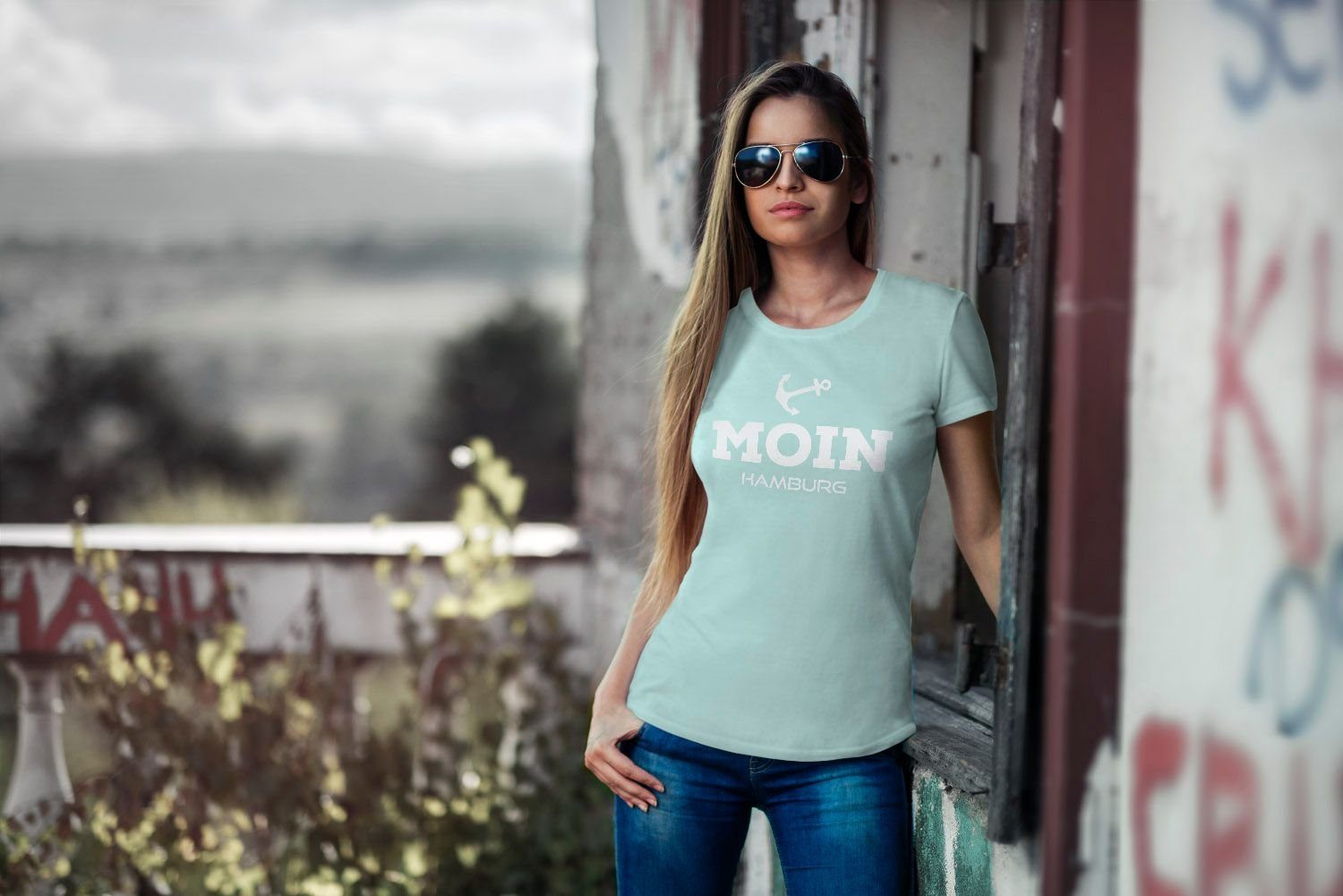 MoonWorks Print-Shirt Damen T-Shirt Anker Moonworks® mit Moin Print Hamburg grün Damen Fit Slim maritime