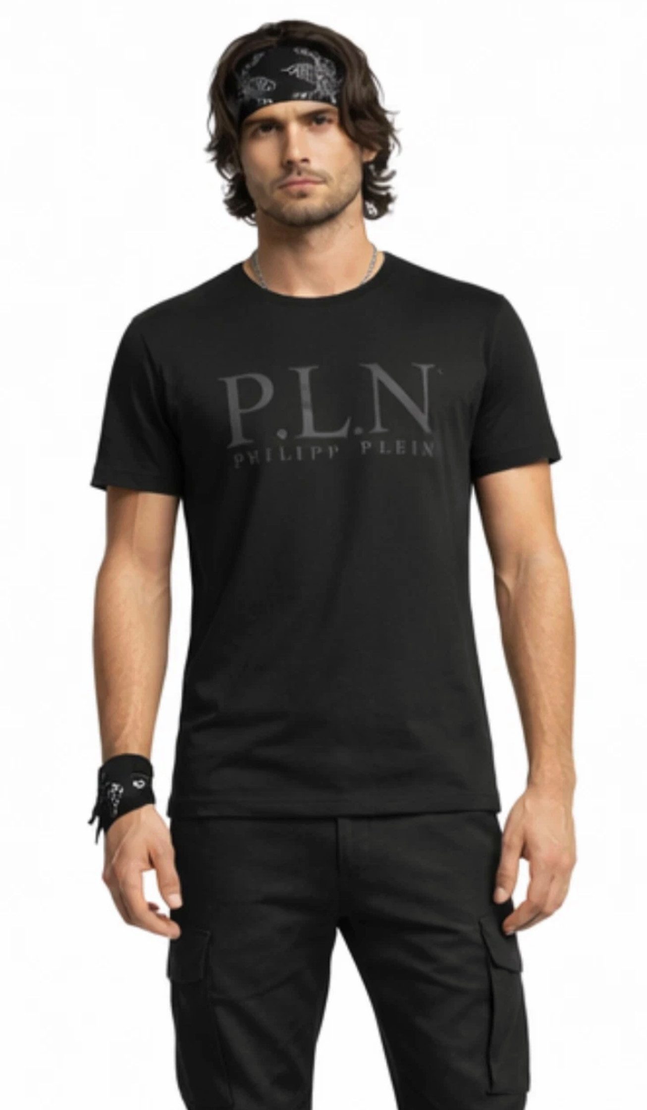 PHILIPP PLEIN T-Shirt Platinium Cut P.L.N. Rundhals Shirt Rohe Schnittkanten, Zwei-Nadel-Steppung, Gerippter Rundhals
