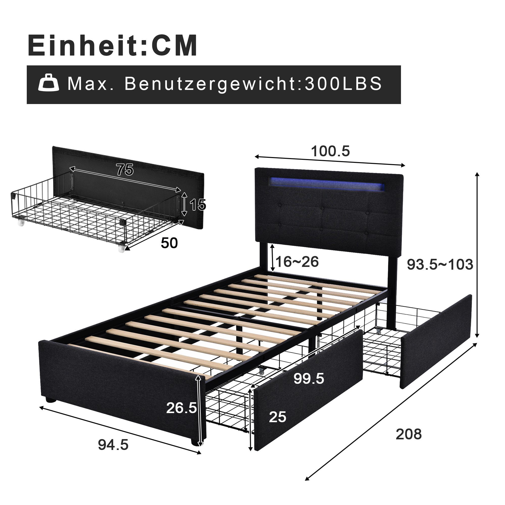 140x200cm Kopfteil, Schwarz mit LED-Beleuchtung Schwarz Ulife | Polsterbett Höhenverstellbarem Doppelbett