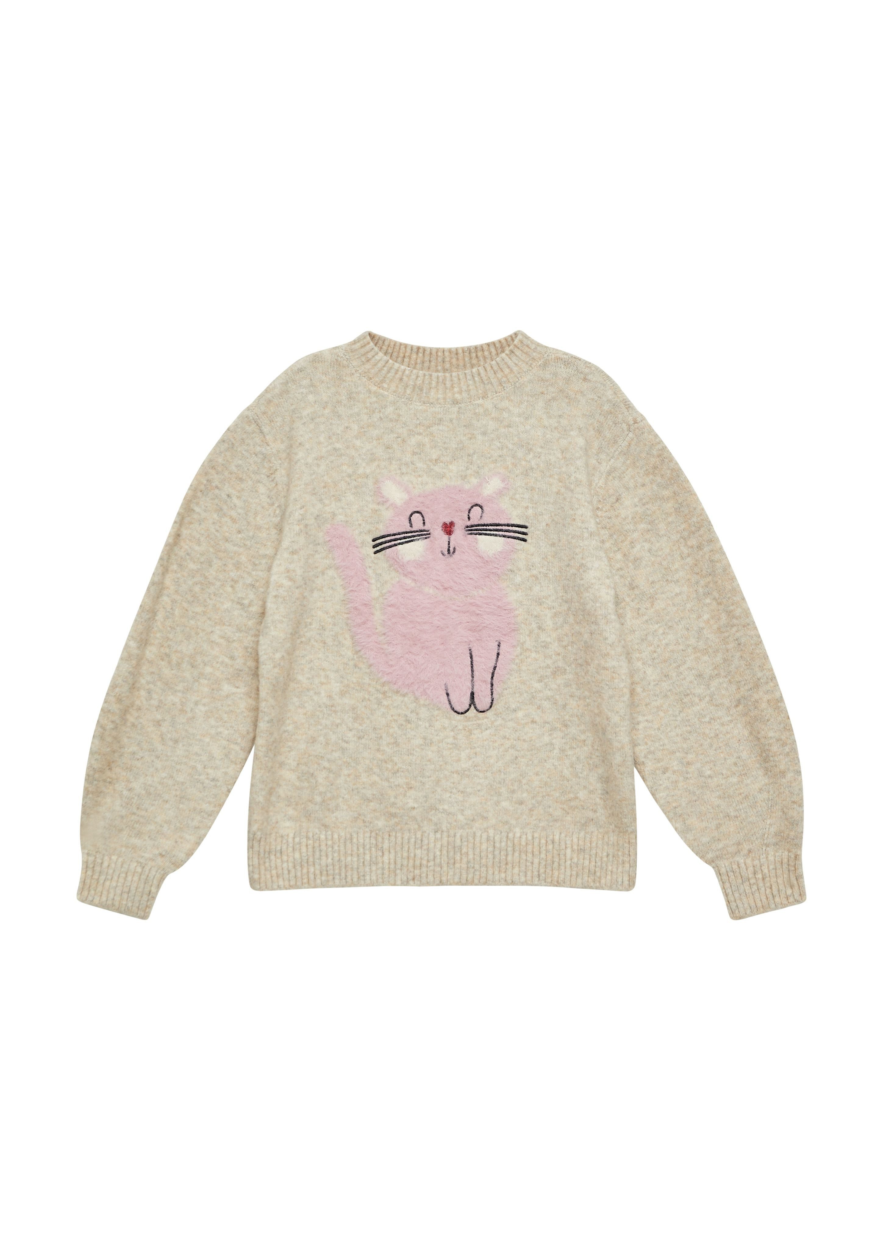 s.Oliver Longpullover Strickpullover Kuscheliger Loose-Fit-Strickpullover mit Katzen-Artwork