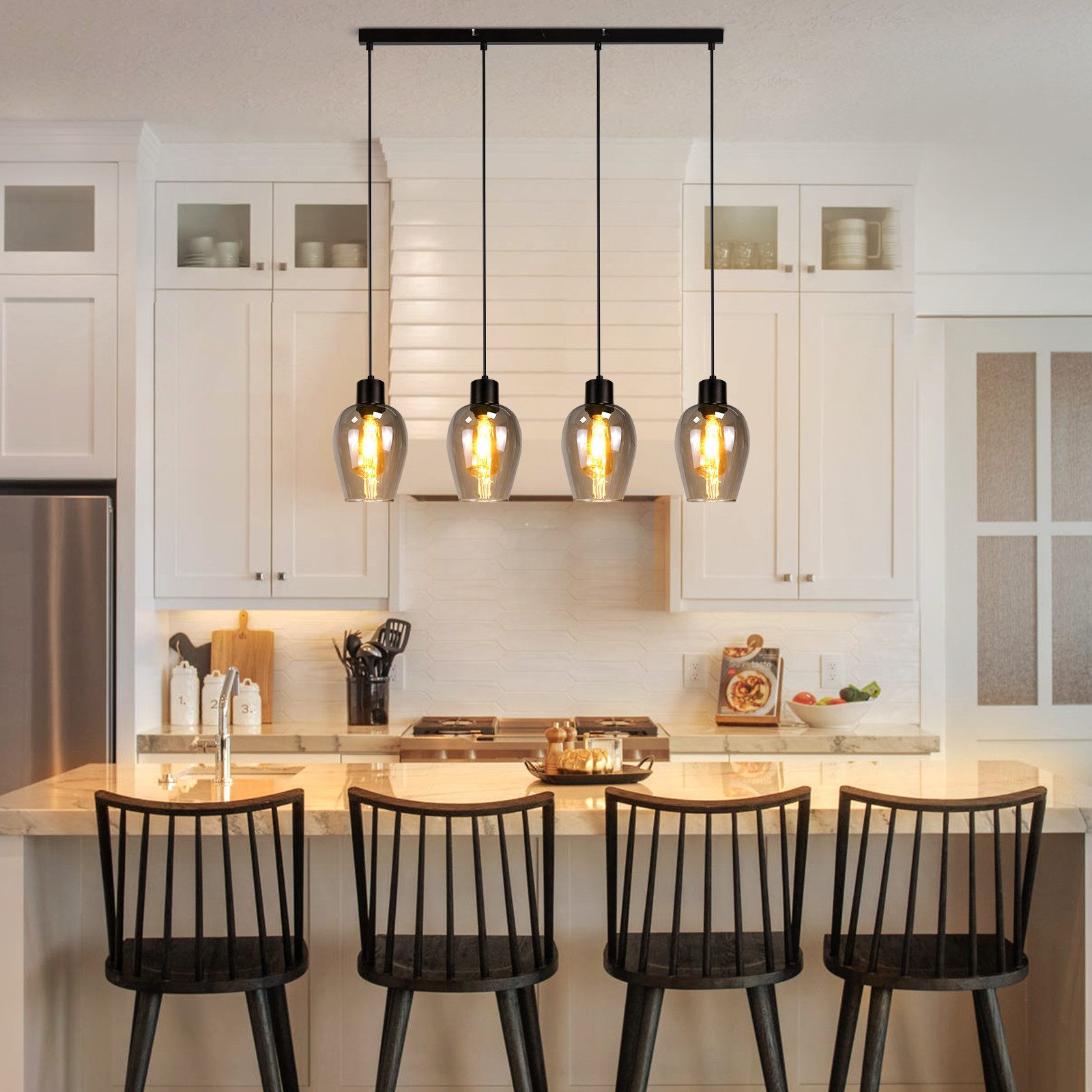 Nettlife Pendelleuchte Vintage Schwarz mit 1/3/4 flammig Rauchglas-Schirmen günstig online kaufen