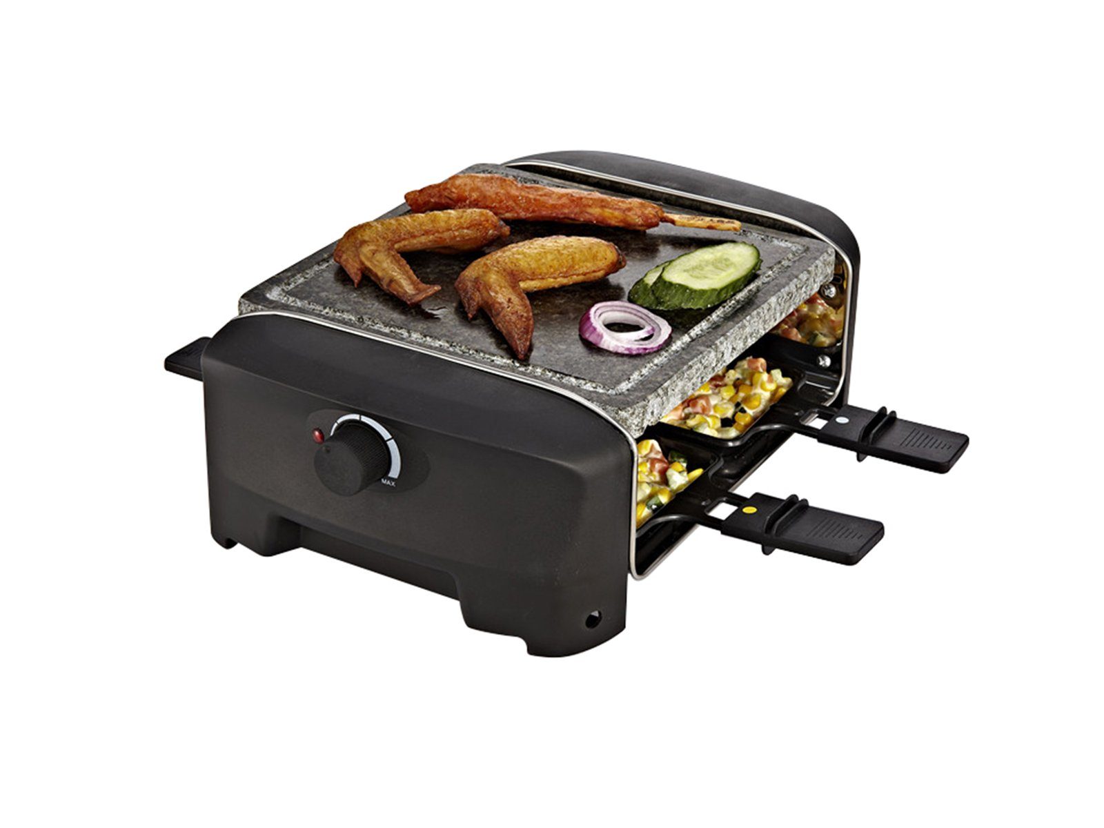 PRINCESS Raclette, 4 Raclettepfännchen, 600 W, Stonegrillparty Tischgrill 2-4 Personen Gerät heißer Stein-Platte