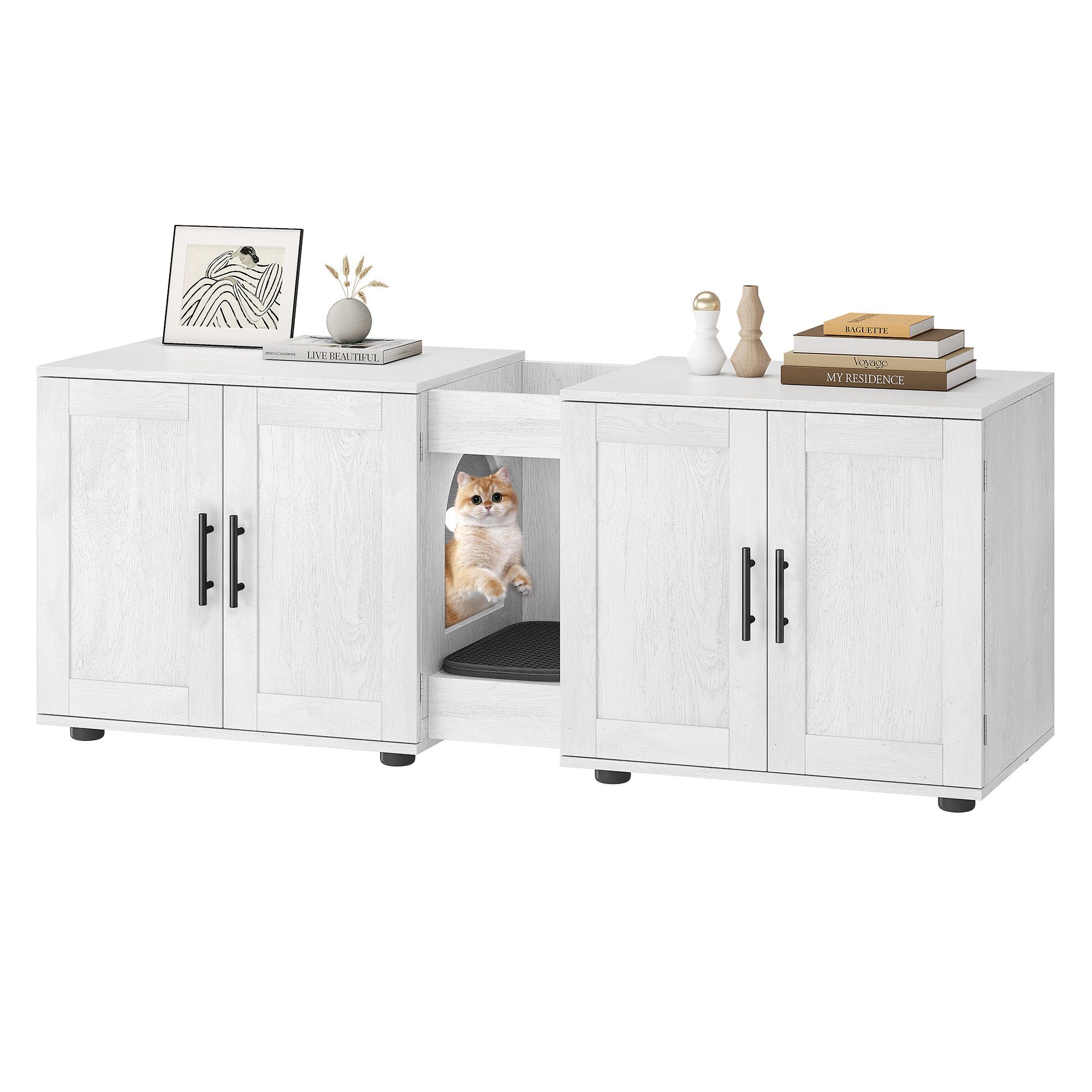 GarveeMore Katzentoilette verstecktes aus Holz mit Doppelraum für 2 Katzen, 55" großes verstecktes Katzentoilettengehäusemöbel mit Doppelzimmern