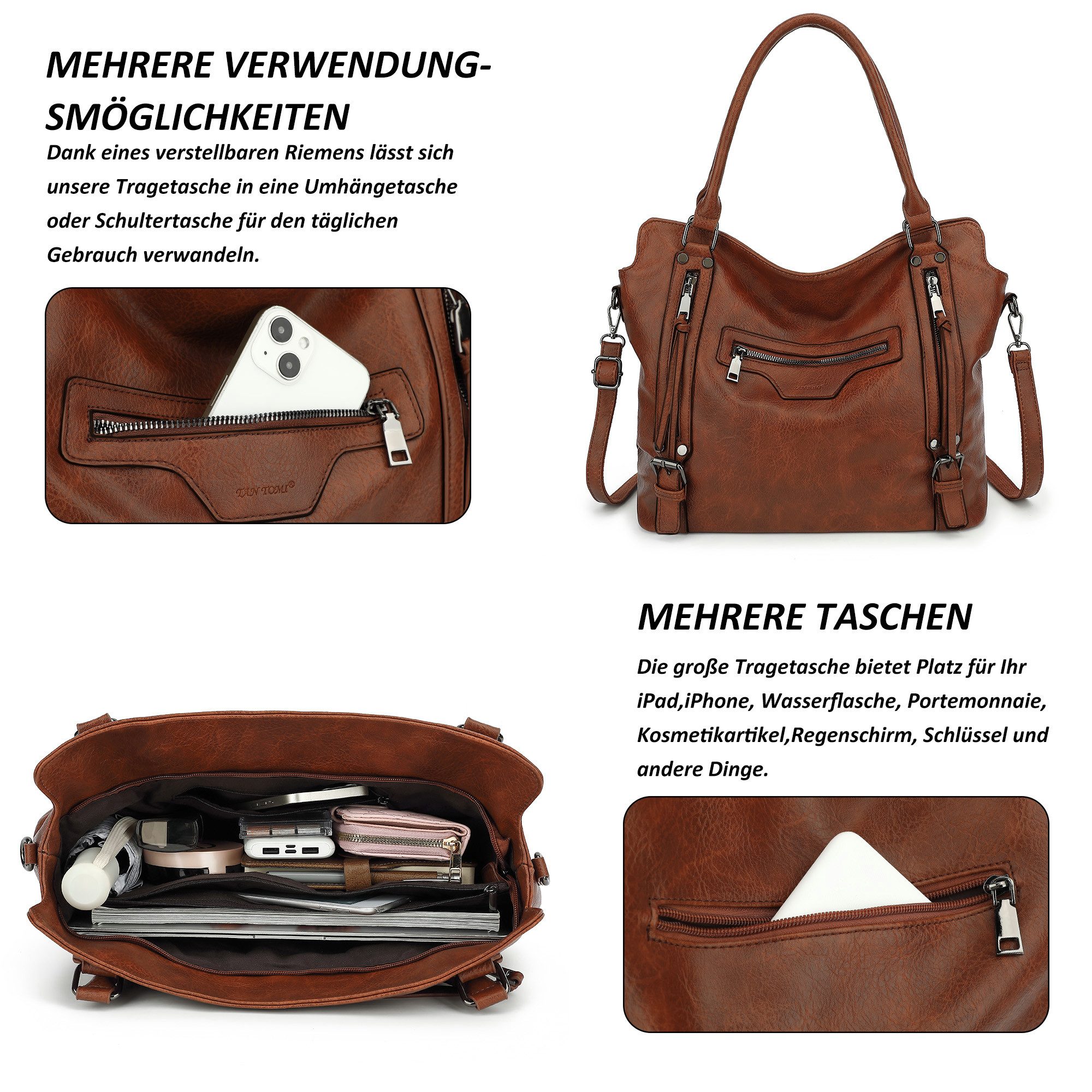 TAN.TOMI Handtasche Damen Shopper - Set Schultertasche Henkeltasche Umhängetasche, Mit abnehmbarem Schultergurt für Büro Schule Einkauf Reise – Bild 5 von 5