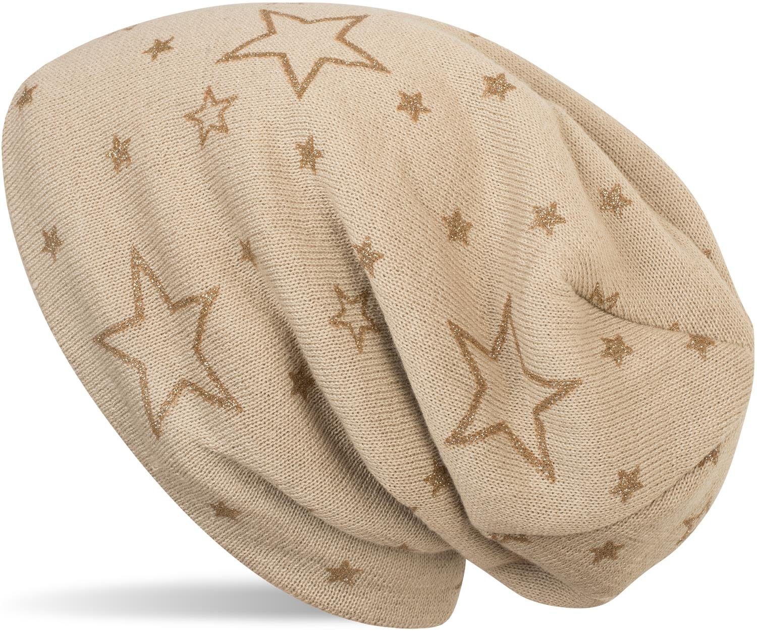 styleBREAKER Strickmütze (1-St) Feinstrick Beanie mit Glitzer Stern Print Beige