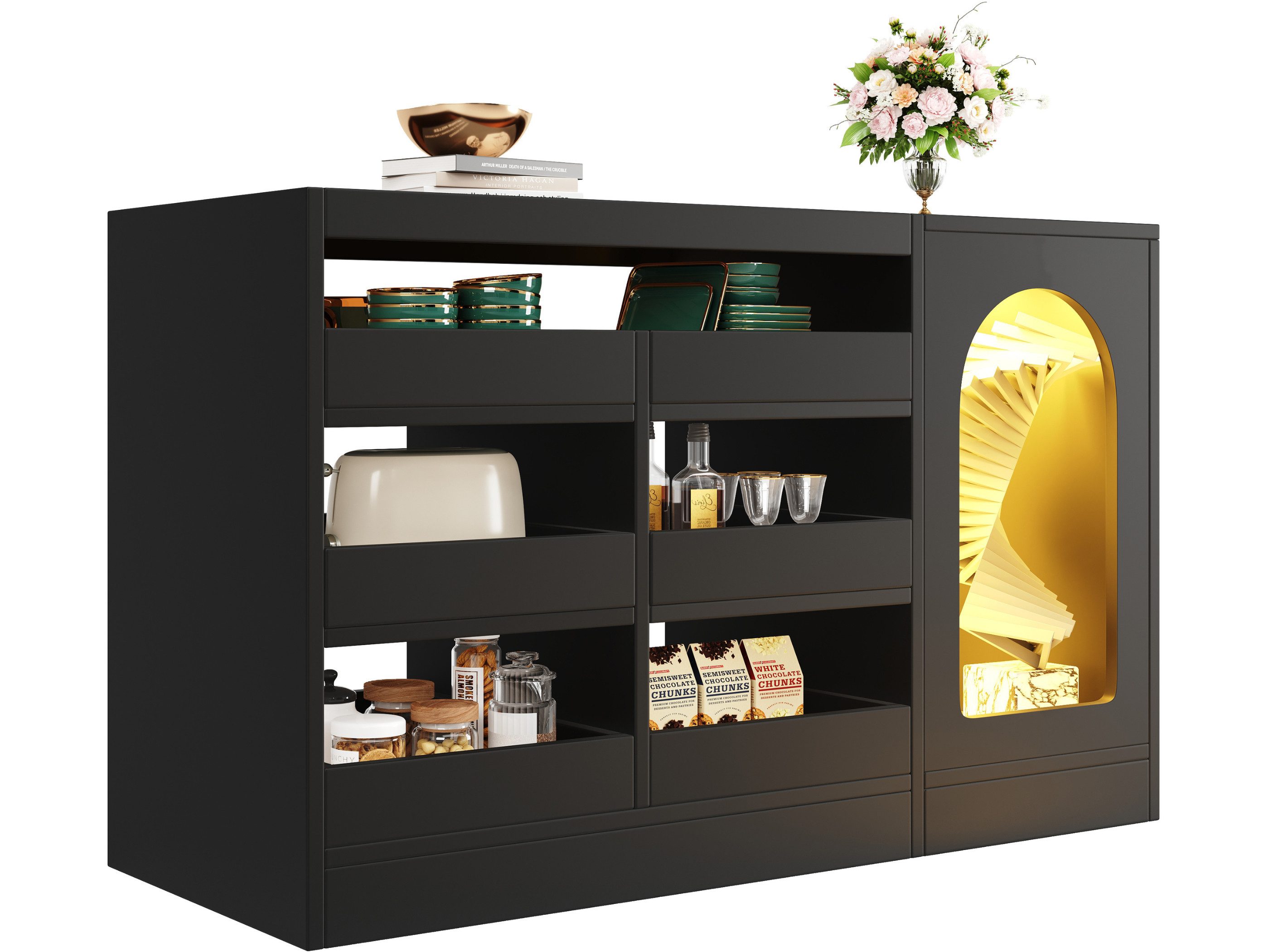 SeedWave Anrichte Vielseitig LED Sideboard mit 2/3 Glastischplatte, 6 Выдвижные ящики, 1 Fach, Verstellbare Lichtfarbe, Ausgehöhlte Scharniertür, Kippschutz-Set