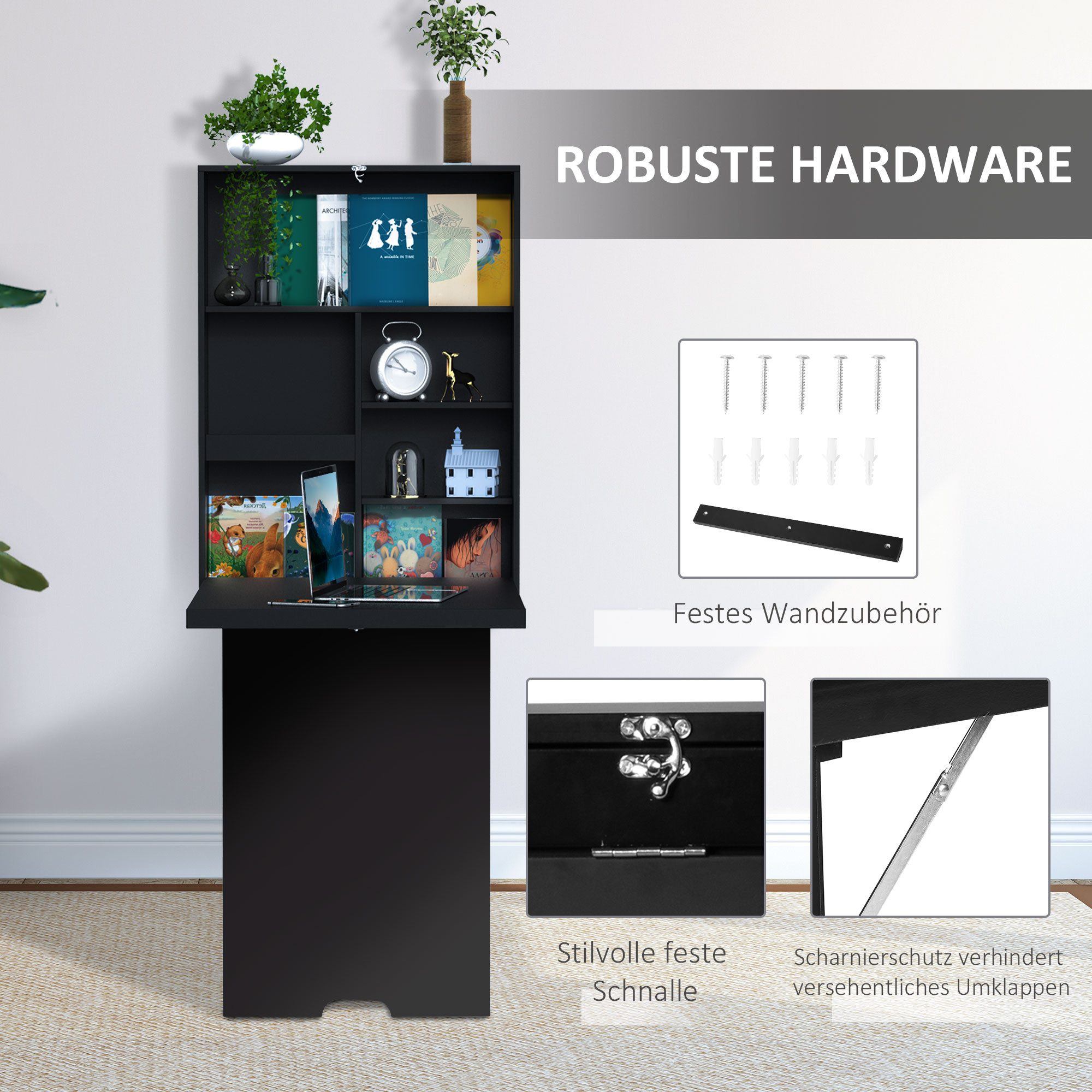 HOMCOM Klapptisch Schreibtisch Wandtisch mit Tafel, 6 Fächern (Computertisch, 1-St., Klappschreibtisch), für Büro Schwarz 60 x 94,5 x 147 cm – Bild 4 von 5
