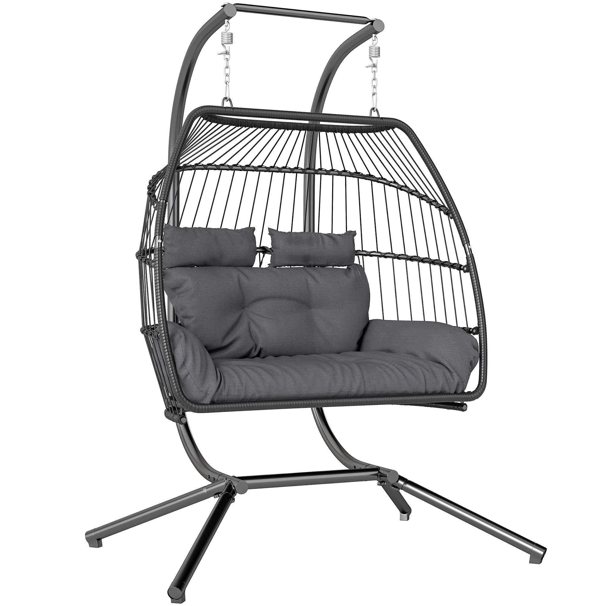 Outsunny Schaukelstuhl mit Kissen, ergonomisch, für 2 Personen (faltbar Hängesessel mit Gestell, 1 St), belastbar bis 260kg, für Balkon, Terrasse, Dunkelgrau