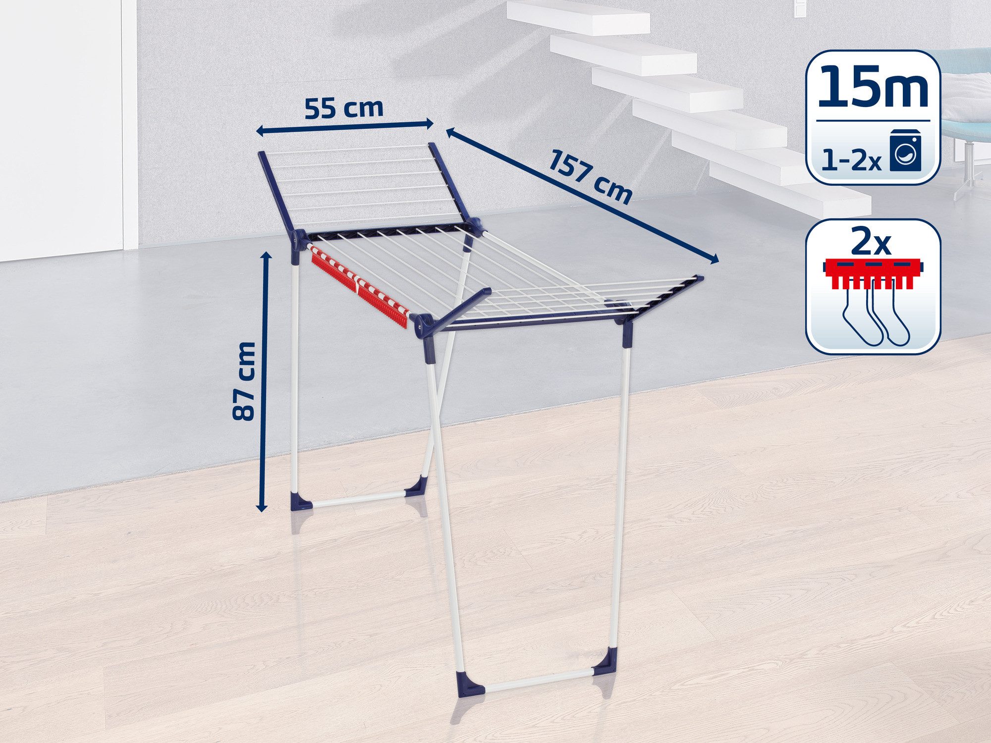 Leifheit Wäscheständer Standtrockner Pegasus Slim 15m, 15m Trockenlänge, 105cm Flügelhöhe, 55cm breit, zusammenklappbar – Bild 5 von 5