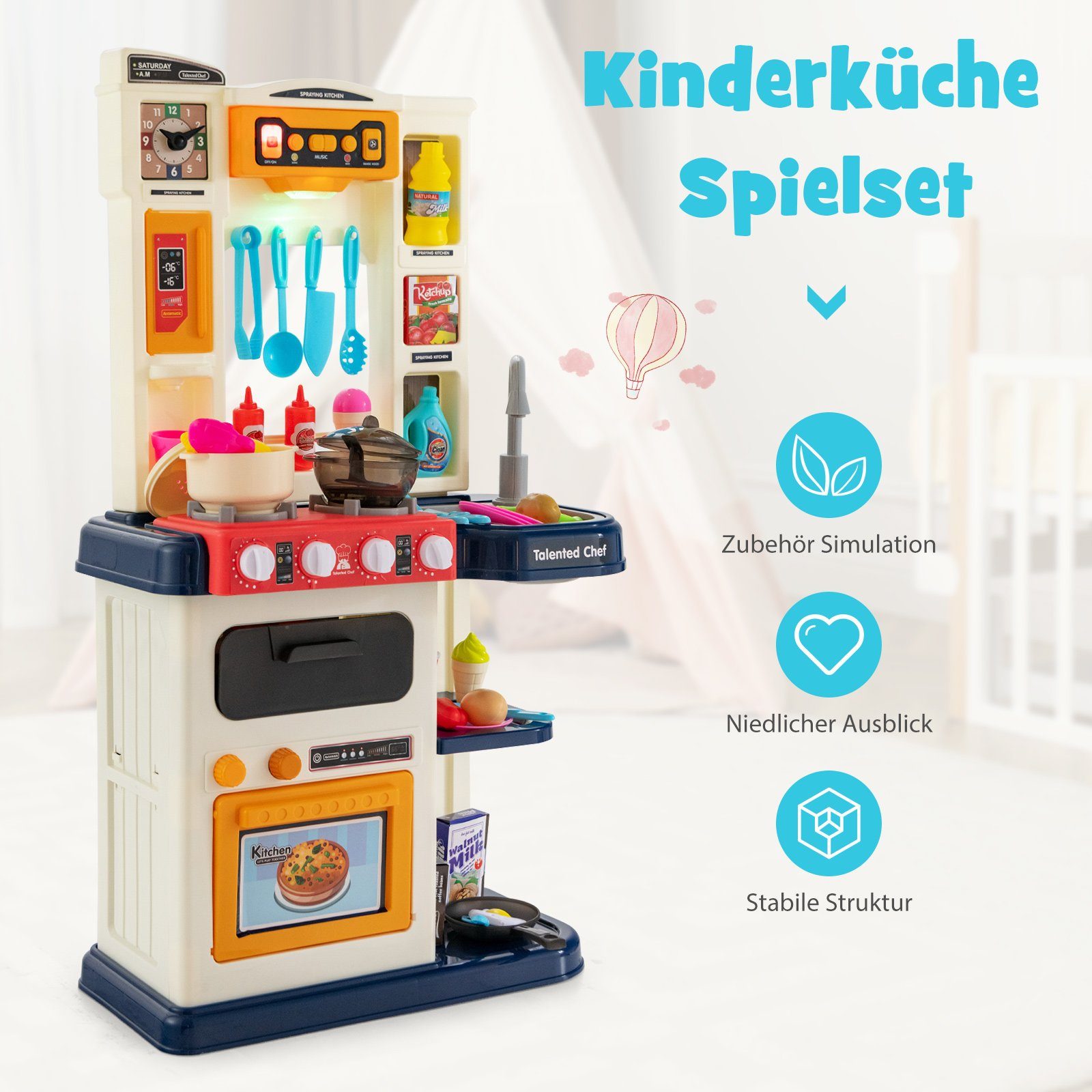 COSTWAY Spielküche Kinderküche, mit Lichter, Musik & Zubehör