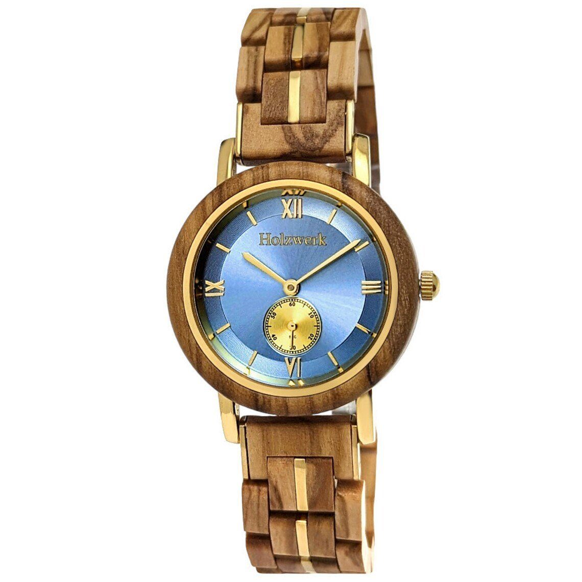 Holzwerk Quarzuhr BRANDIS kleine Damen Holz Armband Uhr in ahorn beige, gold & hell blau | Quarzuhren
