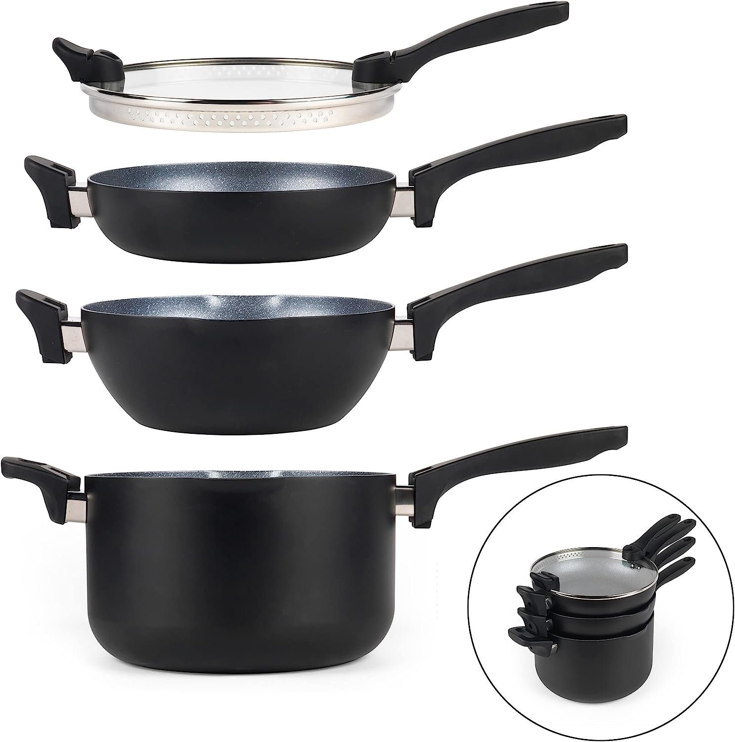 RUSSELL HOBBS Pfannen-Set Pfannenset 4-tlg Wok Kochtopf Bratpfanne  Glasdeckel Induktion 24cm, (4-tlg)