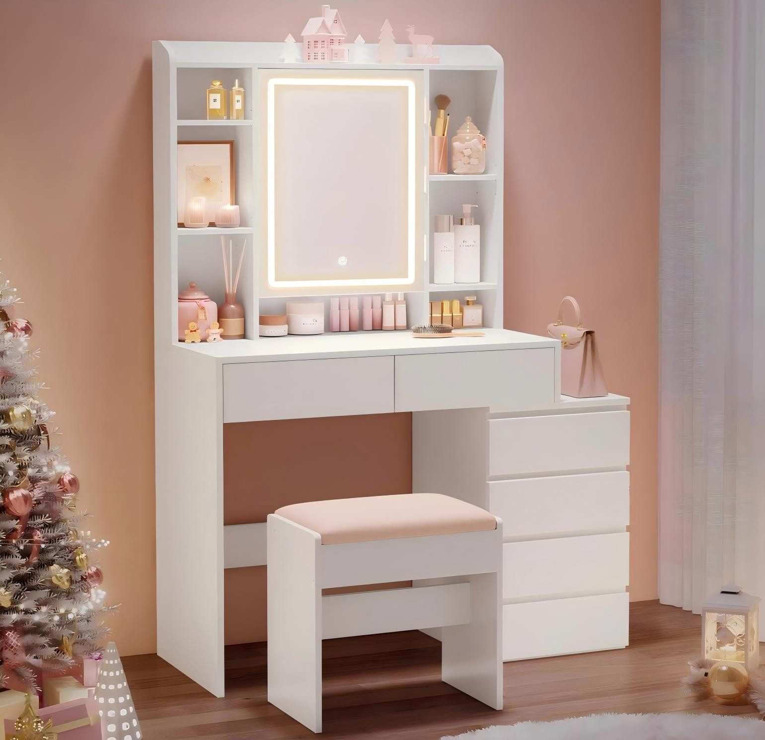 VASAGLE Schminktisch mit LED-Beleuchtung, Frisiertisch mit Spiegel (1 Tisch mit 1 Hocker), Kosmetiktisch mit Schubladen, offenen Fächern, verstellbaren Ablagen