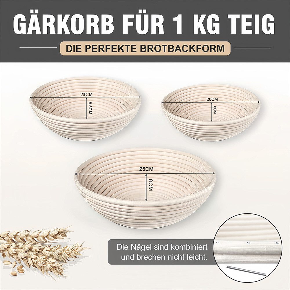 PFCTART Gärkorb Gärkörbchen Set 3-tlg. Brotkorb Rundformen aus Rattan & Antihaft, (Set 10-tlg), Gärkorb Set Für Selbstgemachtes Brot - Inkl. Rezeptheft & Spatschutz
