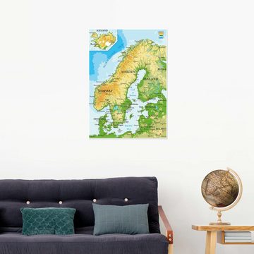 Posterlounge Poster Editors Choice, Skandinavien, Topographische Karte (Englisch), Klassenzimmer Illustration