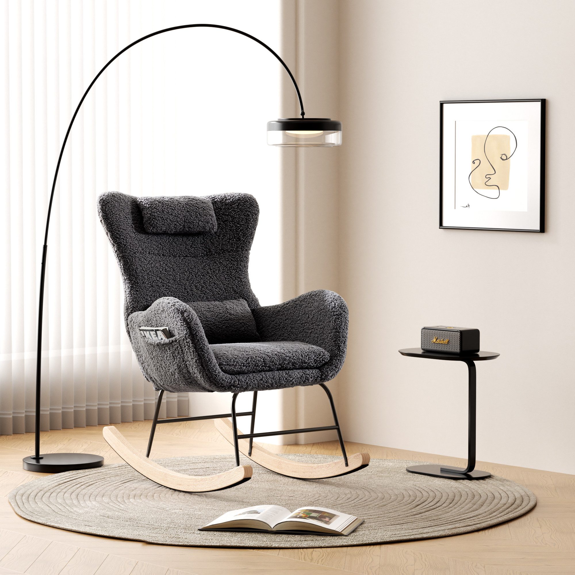 HAUSS SPOLE Schaukelstuhl Relaxsessel Polsterstuhl mit Kopfstütze, Lendenkisse und Seitentaschen (Schaukelstuhl mit hoher Rückenlehne), Kopfstütze und Lendenkissen Teddyplüsch