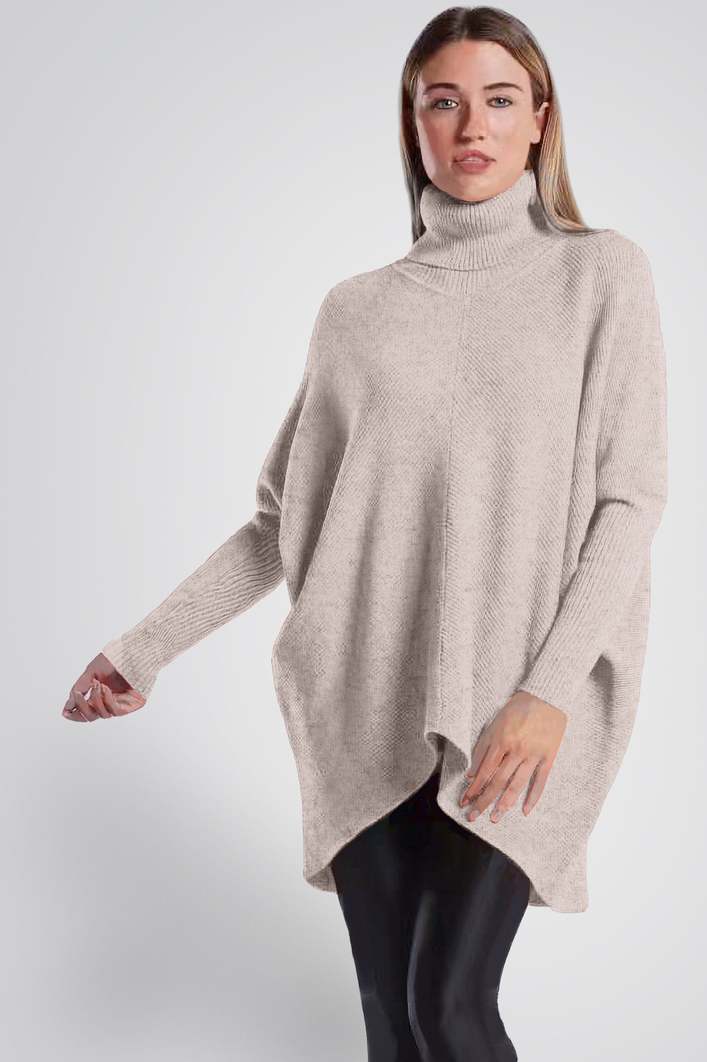 PEKIVESSA Longpullover Oversized langer Rollkragenpullover Damen Fledermausärmel (A-Linie, 1-tlg) hinten länger