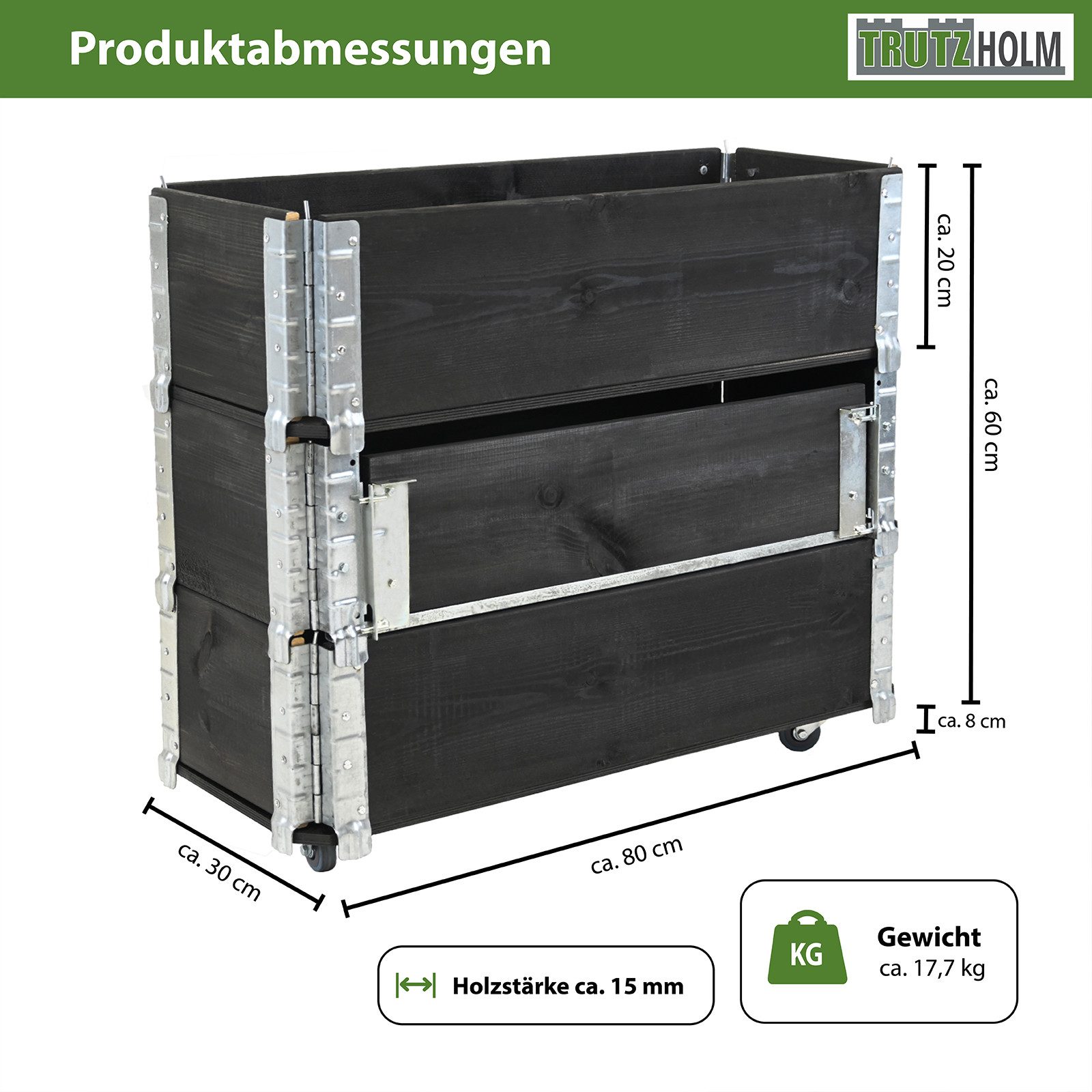 TRUTZHOLM Hochbeet auf Rollen Kräuterbox 80x30x68 cm mobil schwarz für Garten und Balkon (5-teilig), flexible Gestaltung