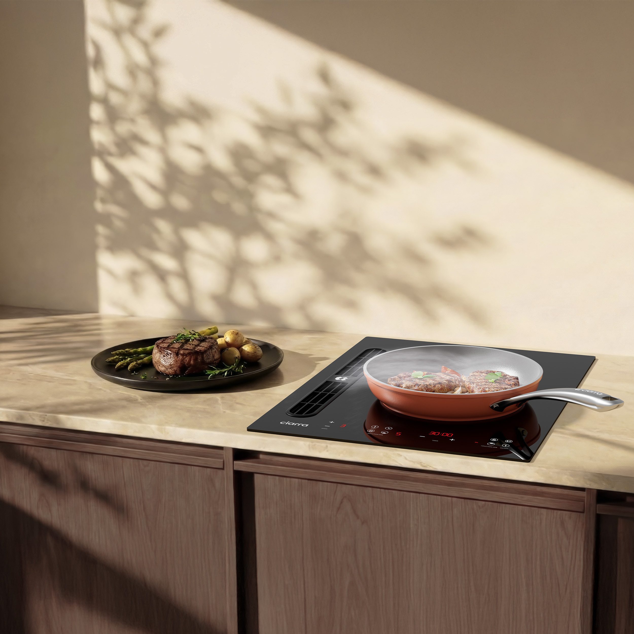 CIARRA Kochfeld mit Dunstabzug 39 cm Kochfeldabzug mit integriertem Plasma⁺-System 3565W CIARRA ONE CBBEH392BF, 2 Zonen Induktionskochfeld mit Dunstabzug 39cm mit Boost Flex Zone