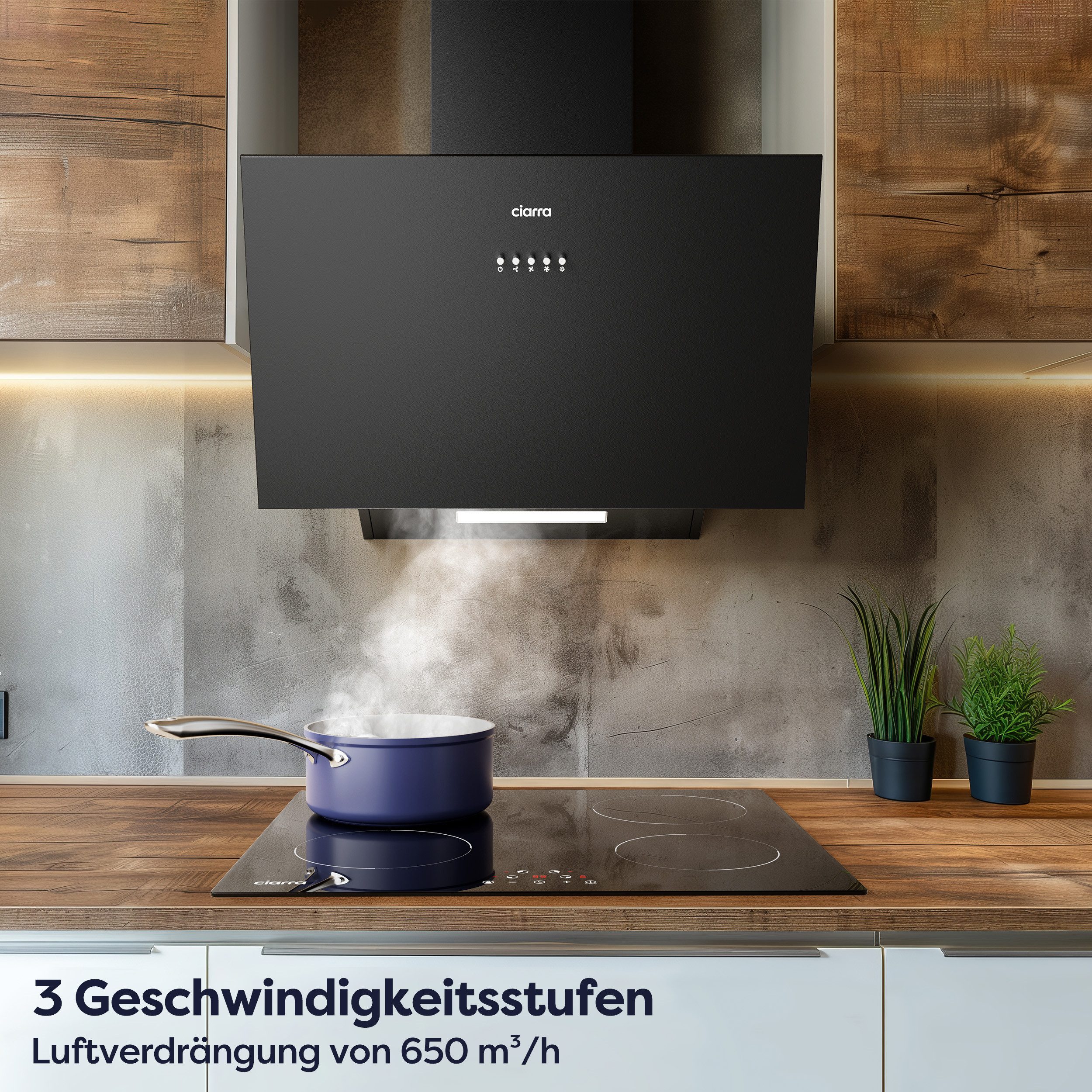 CIARRA Kopffreihaube 60 cm Dunstabzugshaube A+++ 650 m³/h starke Saugleistung VM6762AB 60 cm Dunstabzugshaube A+++ 650 m³/h starke Saugleistung VM6762AB, Leise Schräghaube mit Kohlefilter LED Umluft & Abluft 3 Stufen