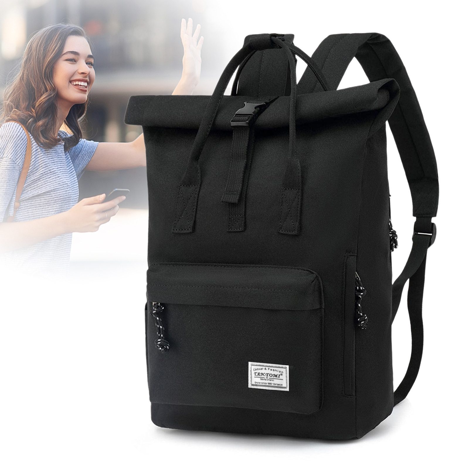 TAN.TOMI Cityrucksack Rucksack Damen Herren Tagesrucksack mit Laptopfach, Modern Rolltop Rucksack Daypack, Wasserabweisend