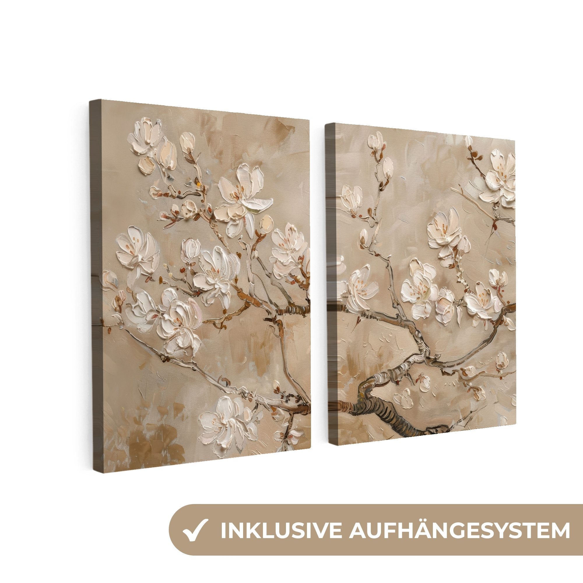 MuchoWow Leinwandbild Beige - Blüte - Modern, Fotodruck (2 St), Wand Bilder günstig online kaufen