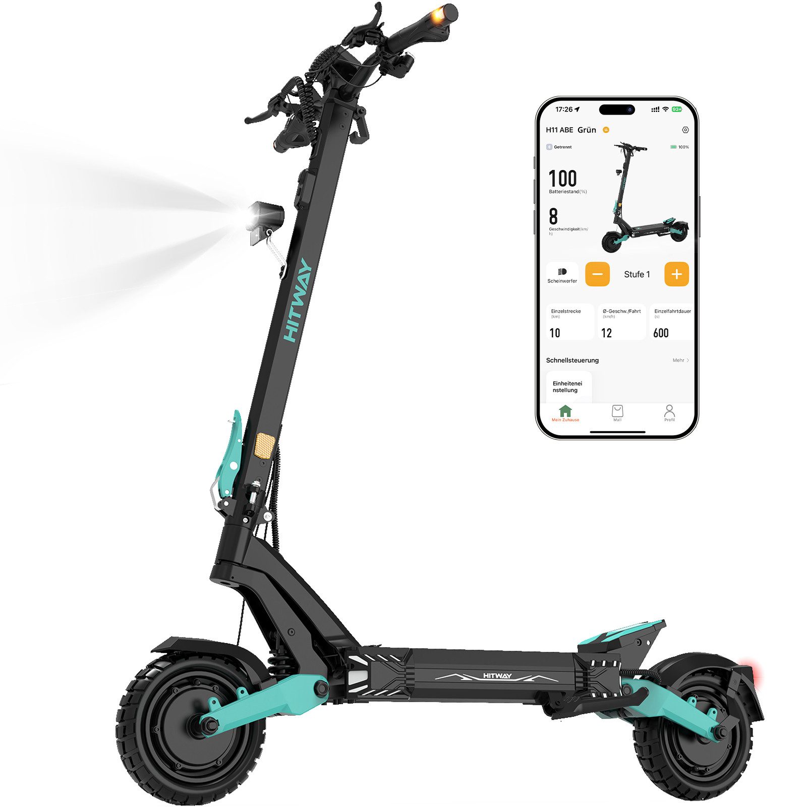 HITWAY E-Scooter 10 Zoll E-Roller mit Straßenzulassung ABE, 2 Motoren, bis zu 130km, 500 W, (mit Schutzblech), NFC/Blinker/APP Faltbar 20km/h