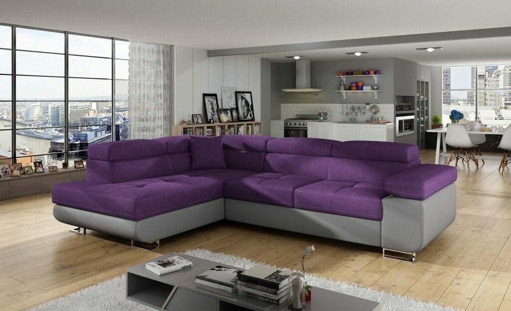 JVmoebel Ecksofa Eck Stoff Ecksofa L-Form Sofa Couch Design Couch, Made in Europe Lila/Grau