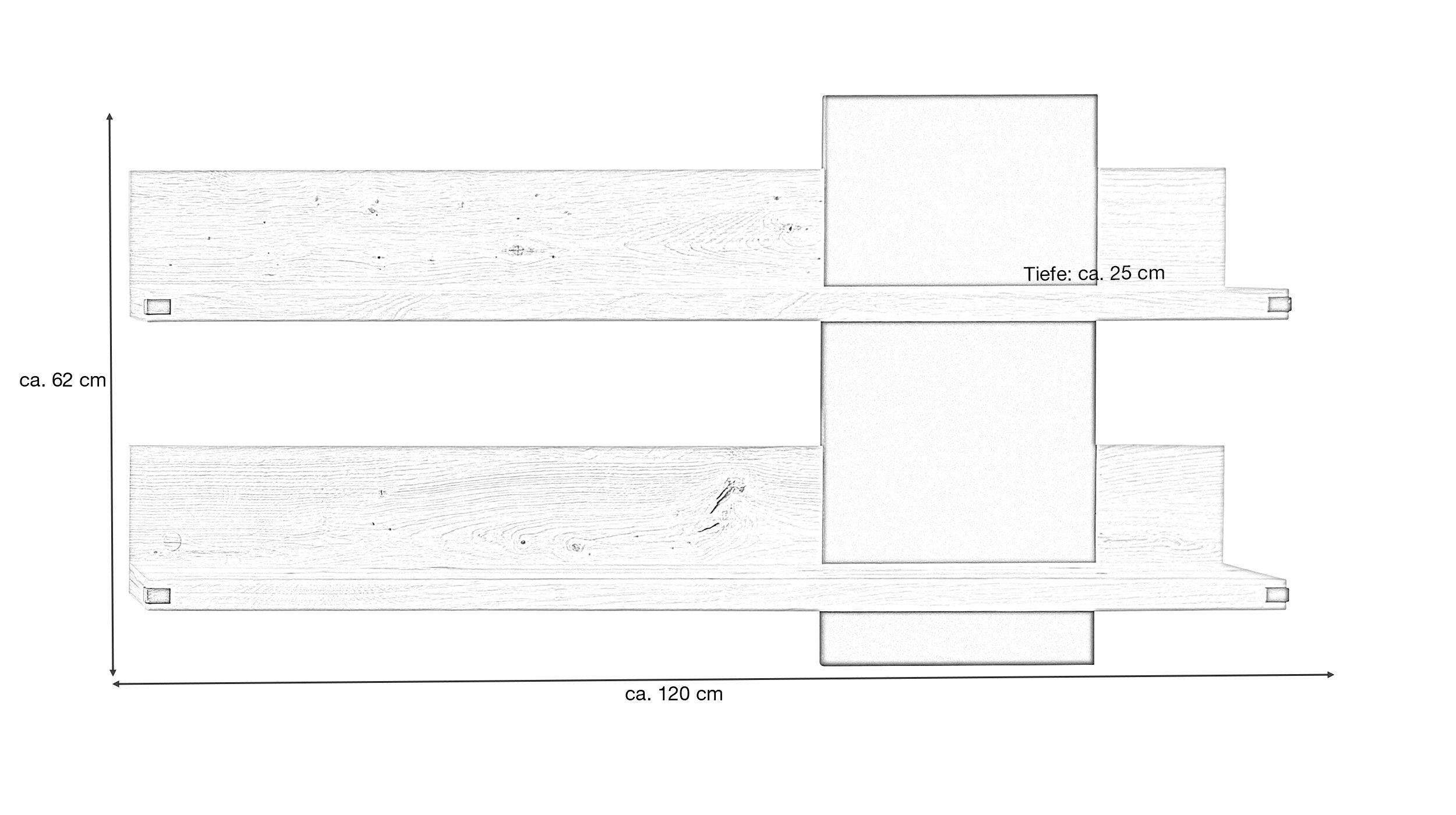 Massivart® Wandboard CATANIA 120 cm Breite / Massivholz Wildeiche, Wandregal / 2 Ablageflächen / Artisan Eiche Holzdekor - graphit
