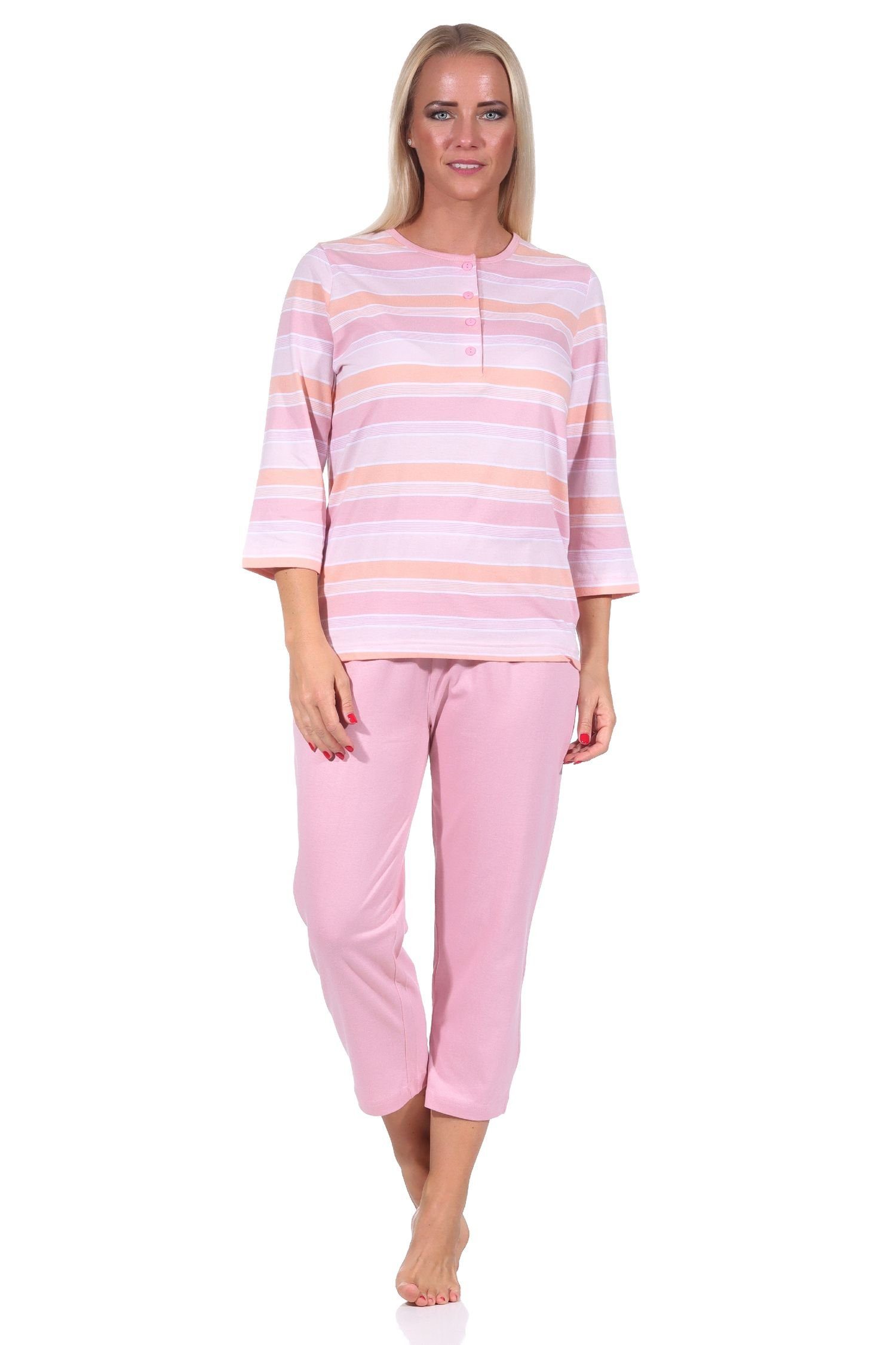Damen Capri Pyjama Schlafanzug Kurzarm im maritimen Streifen Look 66271 