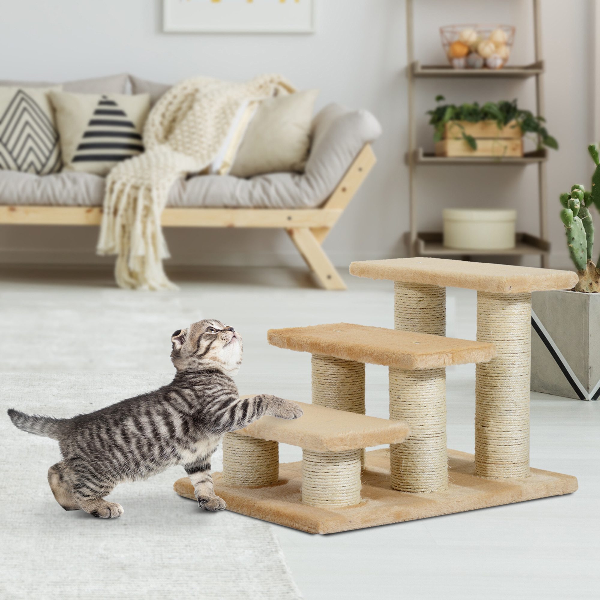 PawHut Katzentreppe für alte Katzen mit Arthritis, 11cm Stufenhöhe, Tiertreppe für Hunde und Katzen, plüschig, Cremefarbe   Aosom.de von PawHut