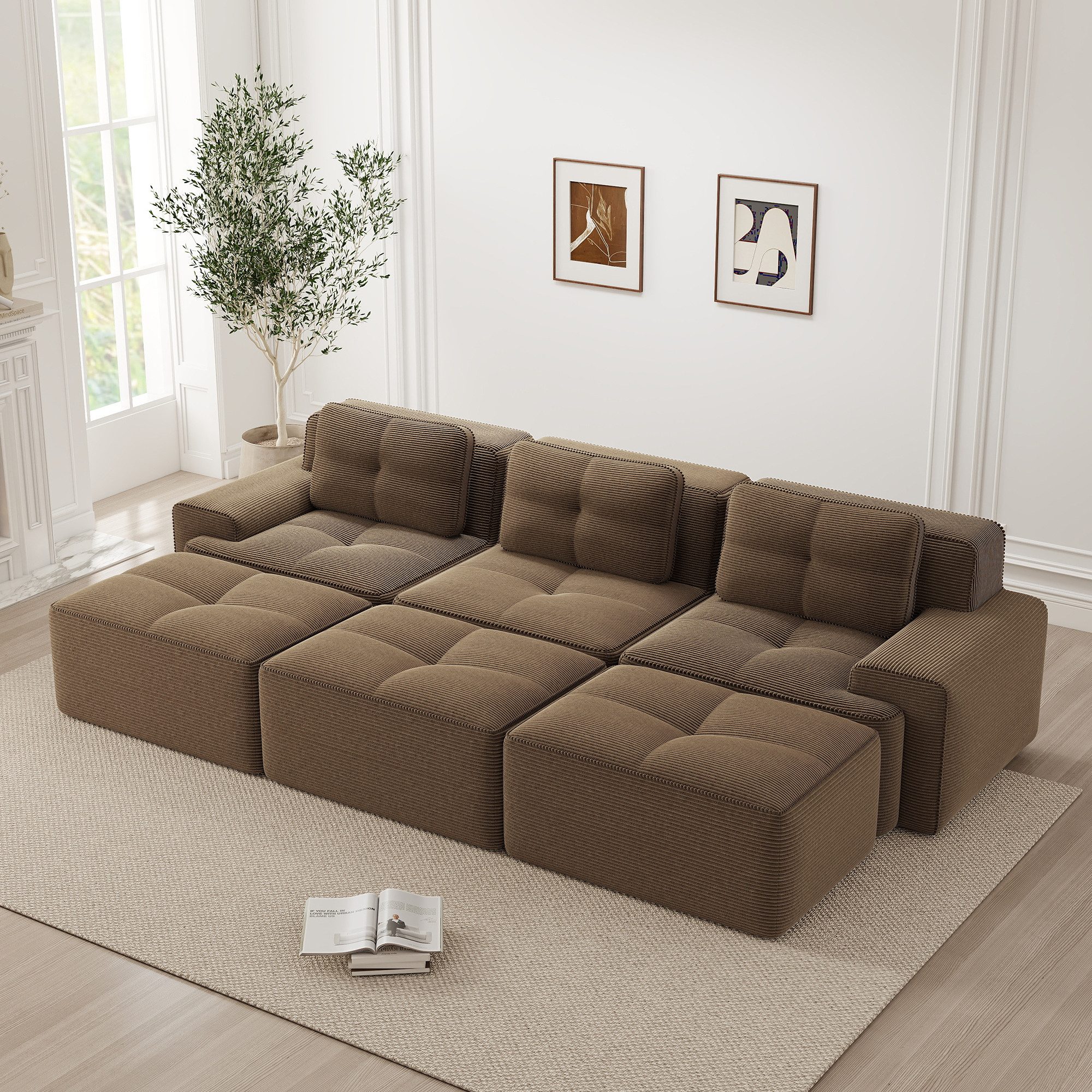 Leawin Sofa Rahmenloses Cord-Ecksofa 3-Sitzer mit Schlaffunktion, Modular, wolkenweich, haustierfreundlich & montagefrei