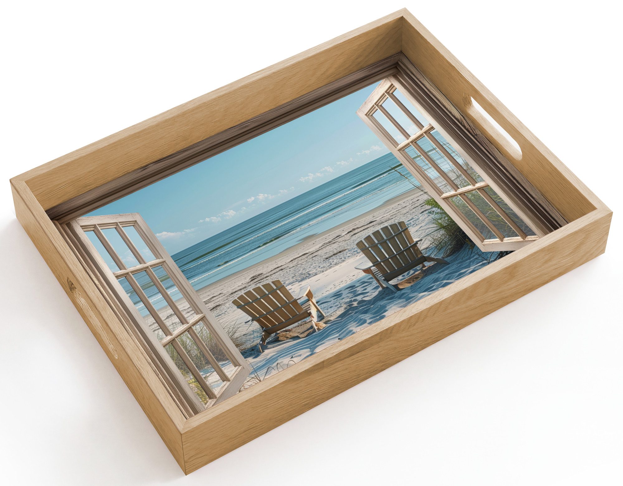 OnlyWow Tablett Rechteckig mit Henkel Fensterblick - Fenster - Strandkörbe - Dünen - M, Eichenholz, (1-tlg), Siervierplatte, Tray, Frühstücksbrett