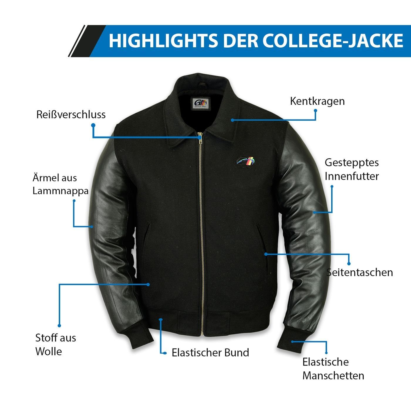 CJ001 Collegejacke German Wear Lederärmeln mit Schwarz Wolljacke Collegejacke