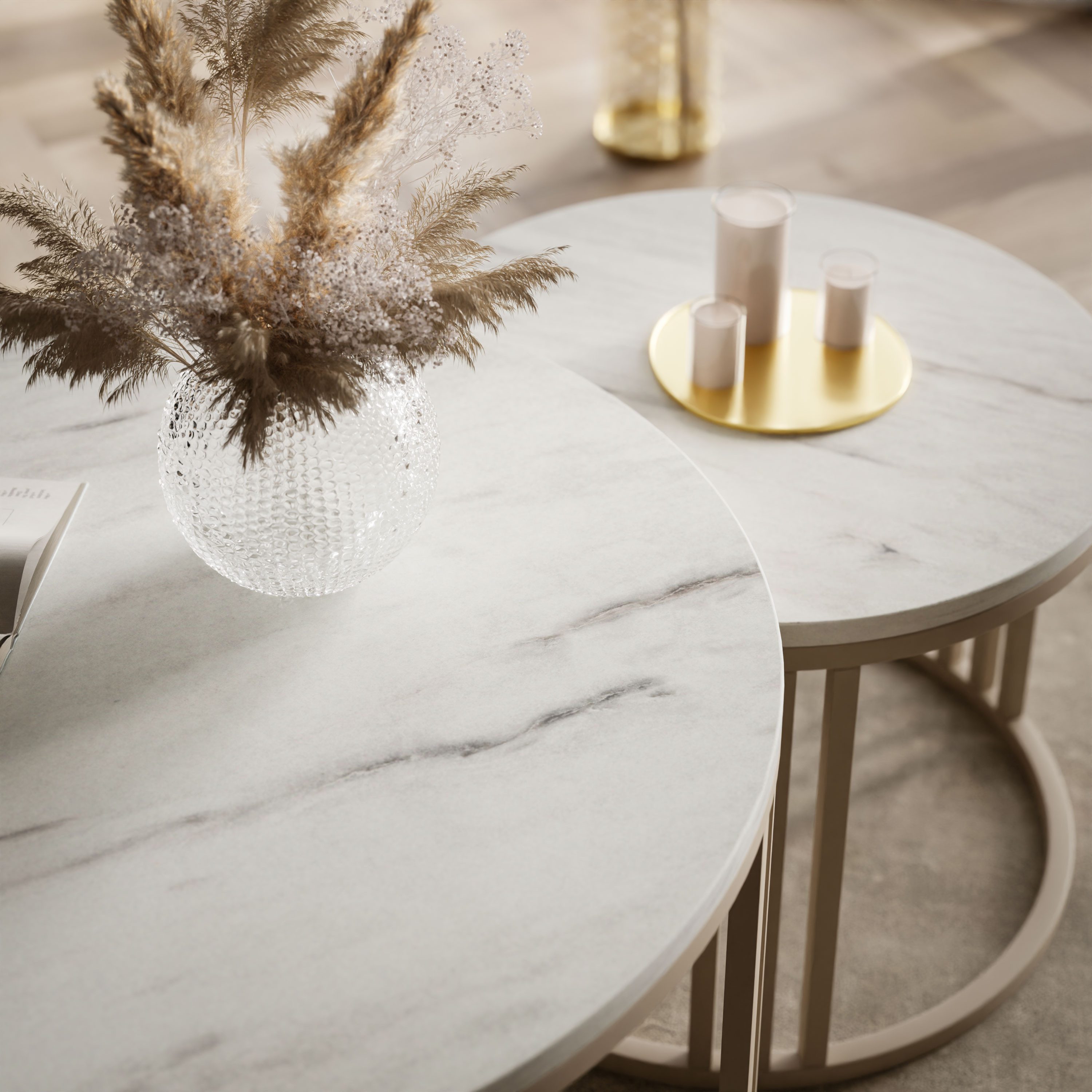 Lookway Couchtisch LORI 2in1 MATT, runder Couchtisch mit kaschmirfarbenem Gestell (2er Set), Durchmesser: ⌀70 cm und ⌀50 cm